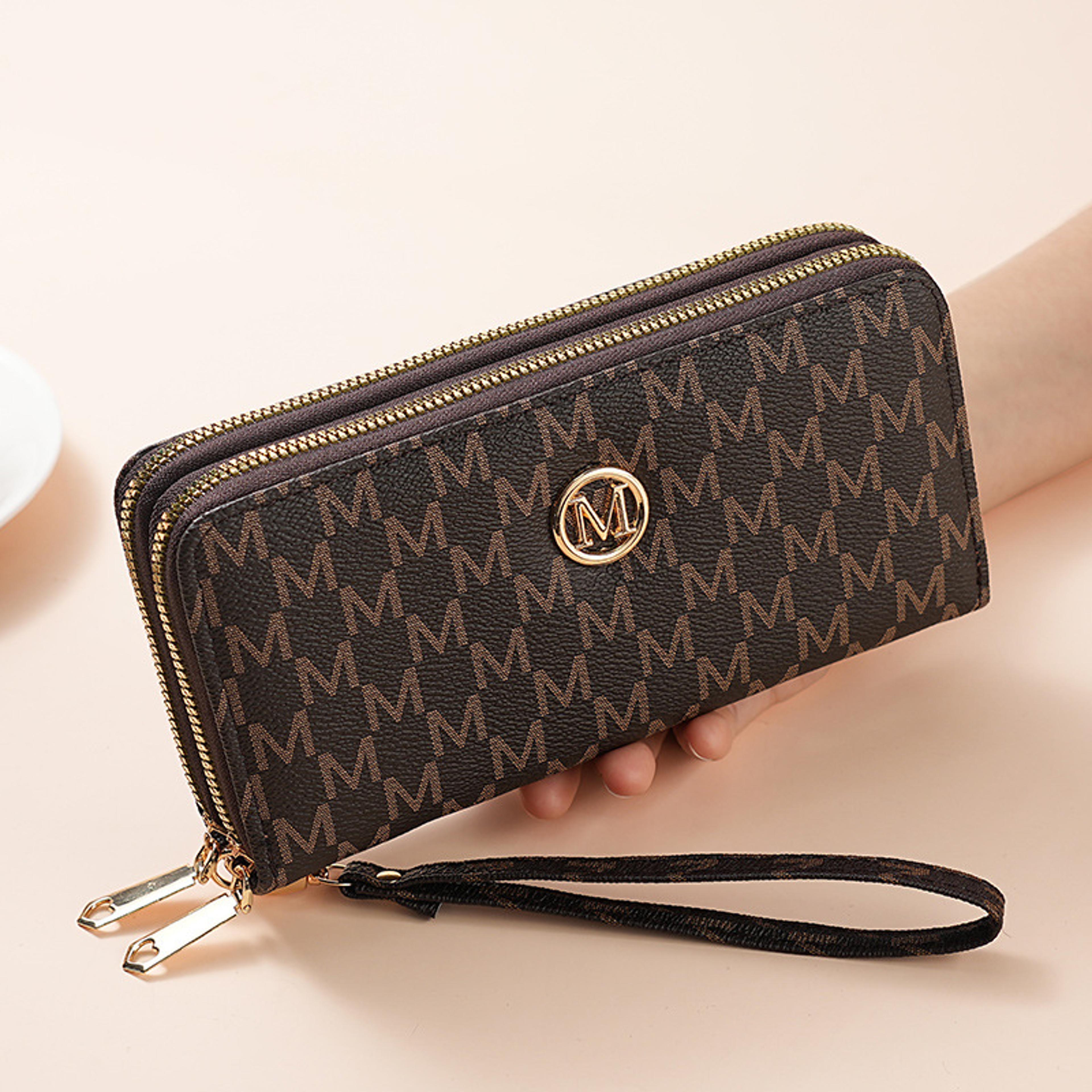 dual zip long clutch wallet with wristlet strap card holder for women & mens