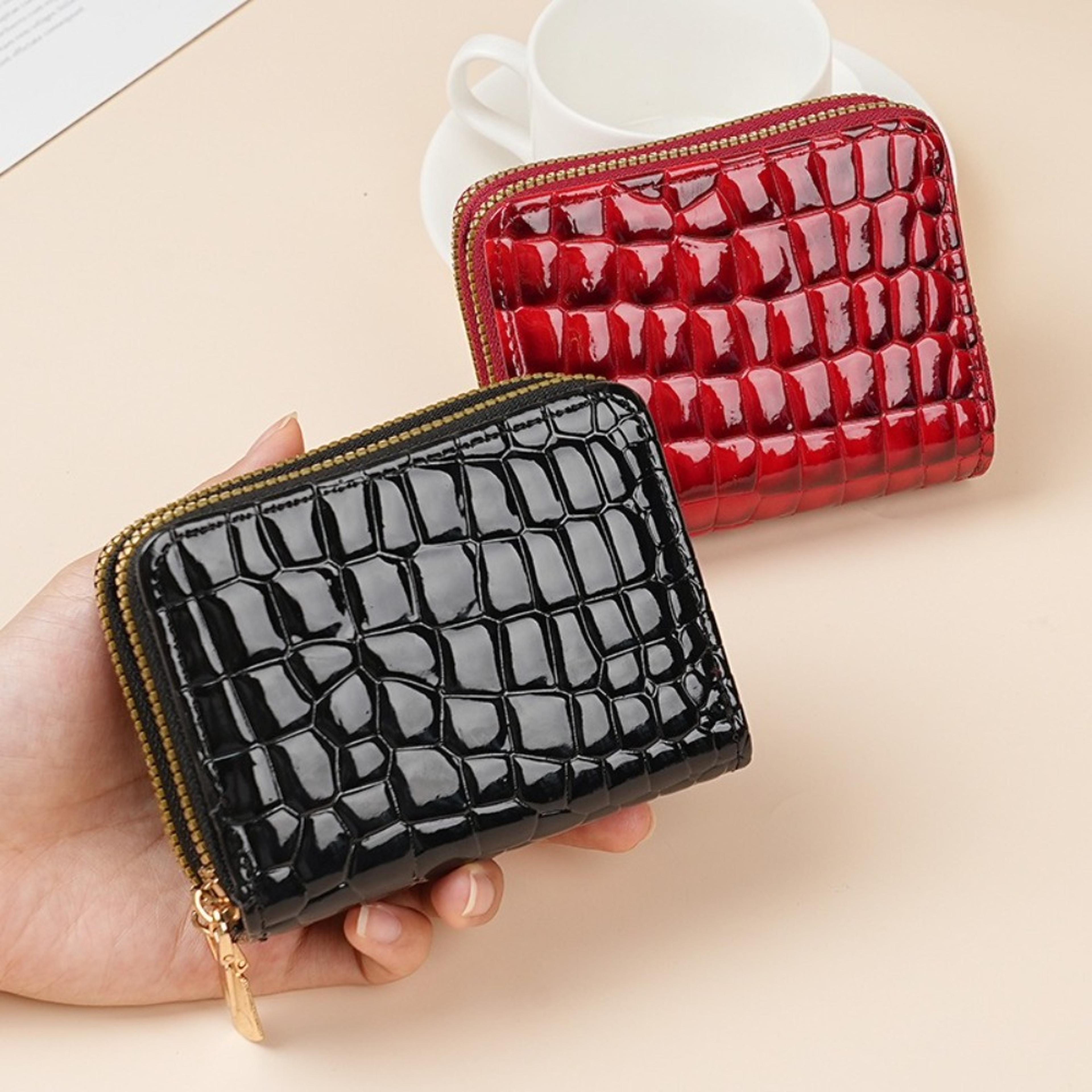 elegant double zipper women's leather wallet compact card holder coin purse