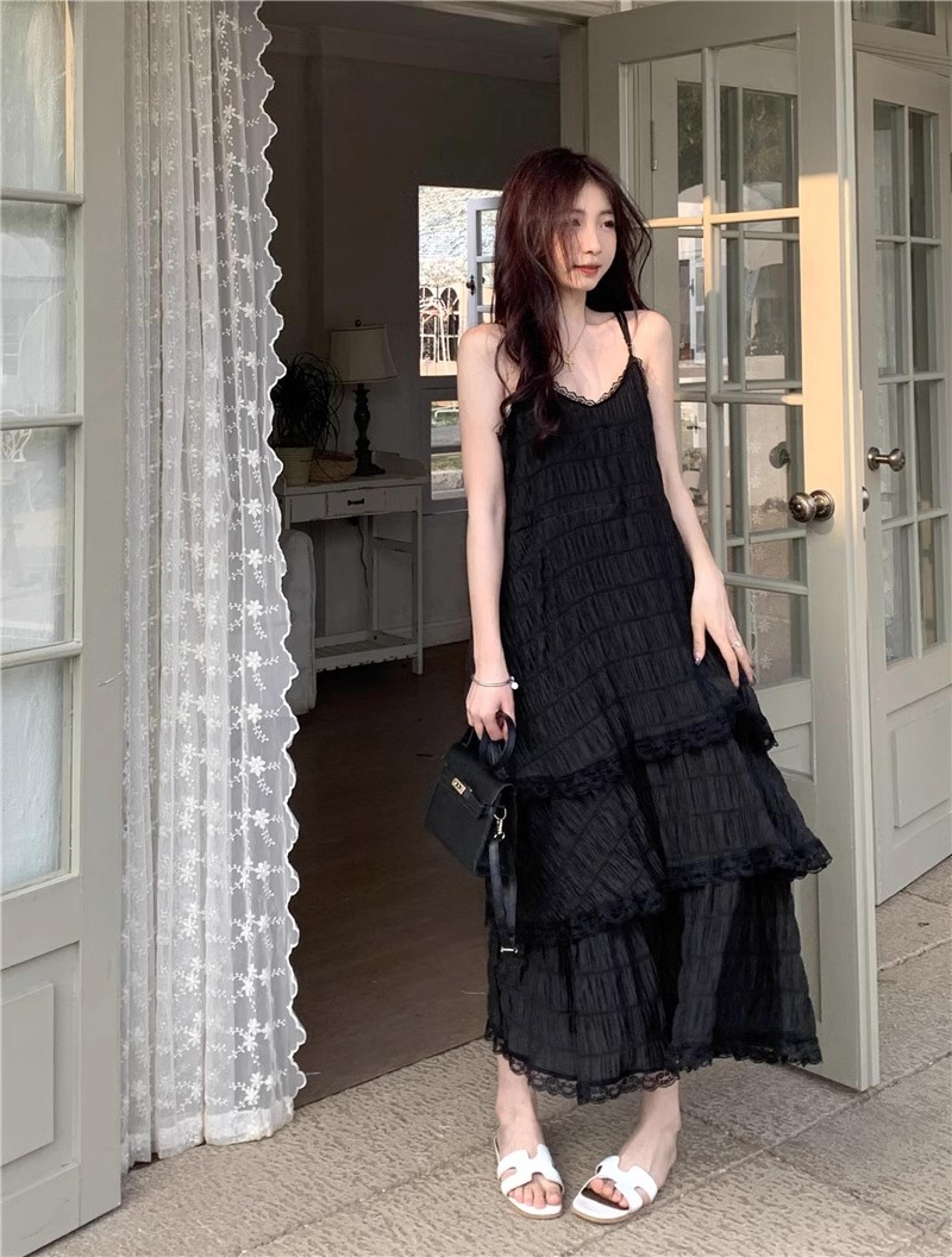 elegant lace maxi dress for women summer beach dress with ruffle hem & spaghetti strap