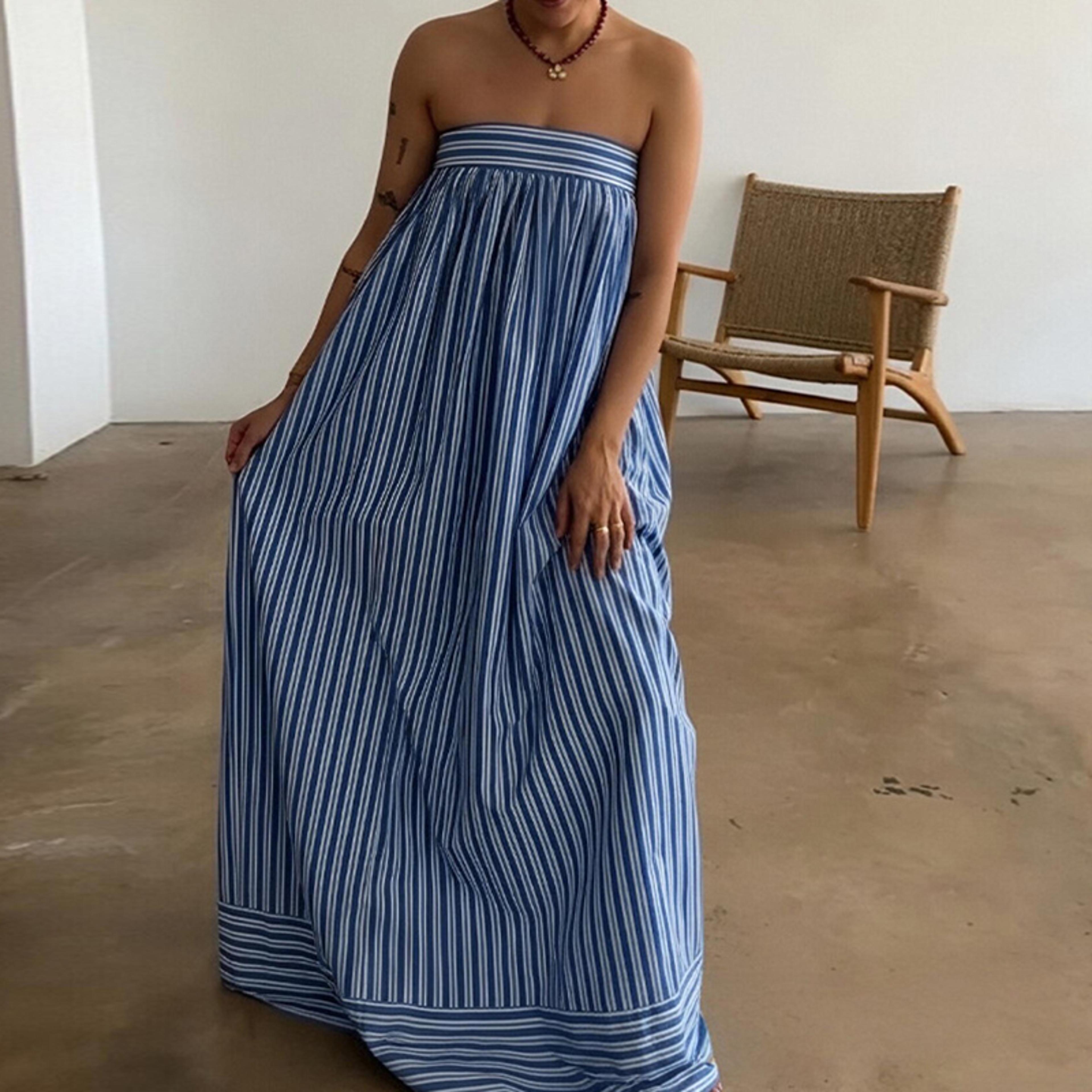 woman vintage backless blue striped strapless maxi beach long swing party dress