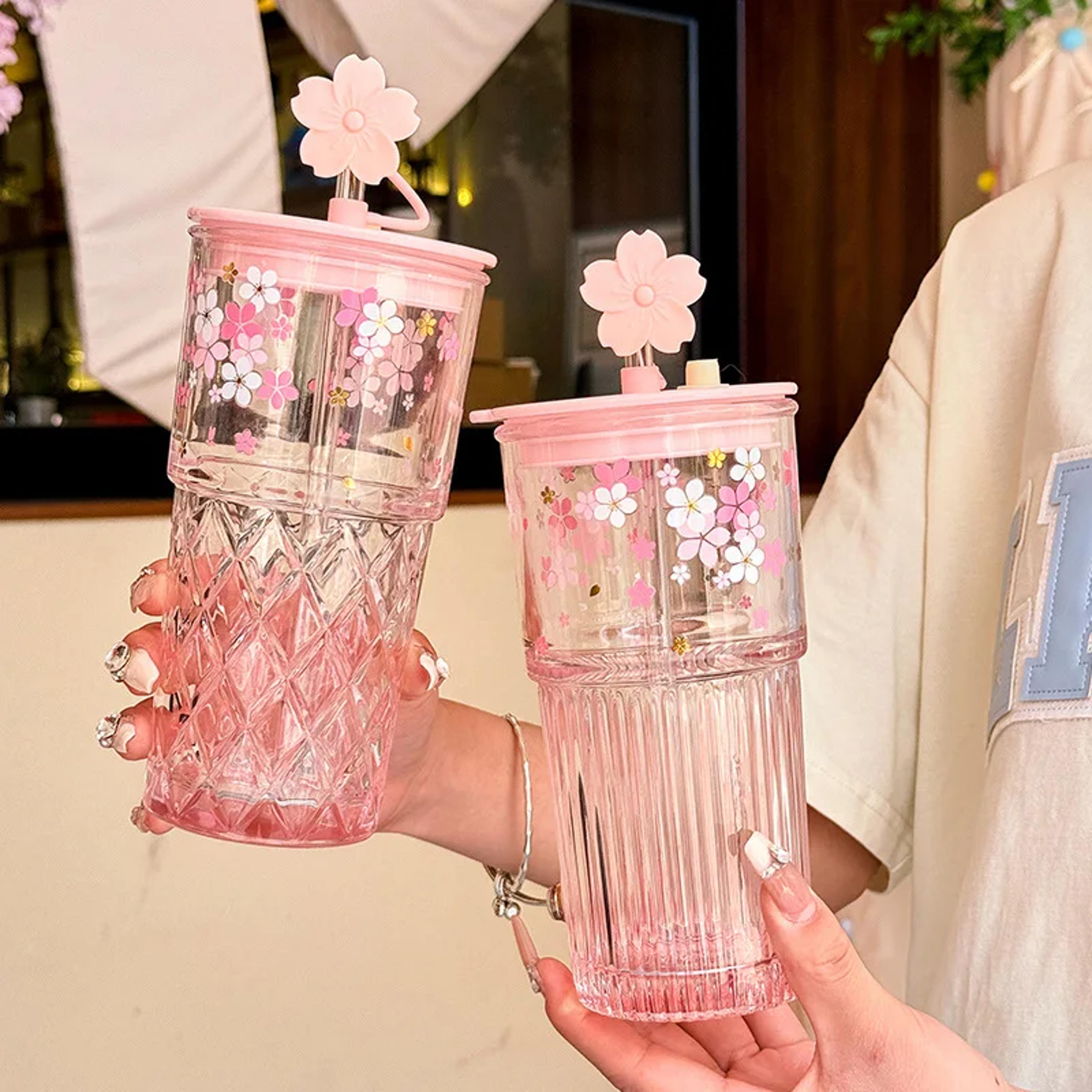 cherry blossom glass tumbler with straw reusable glass cup for iced coffee, tea & cold drinks