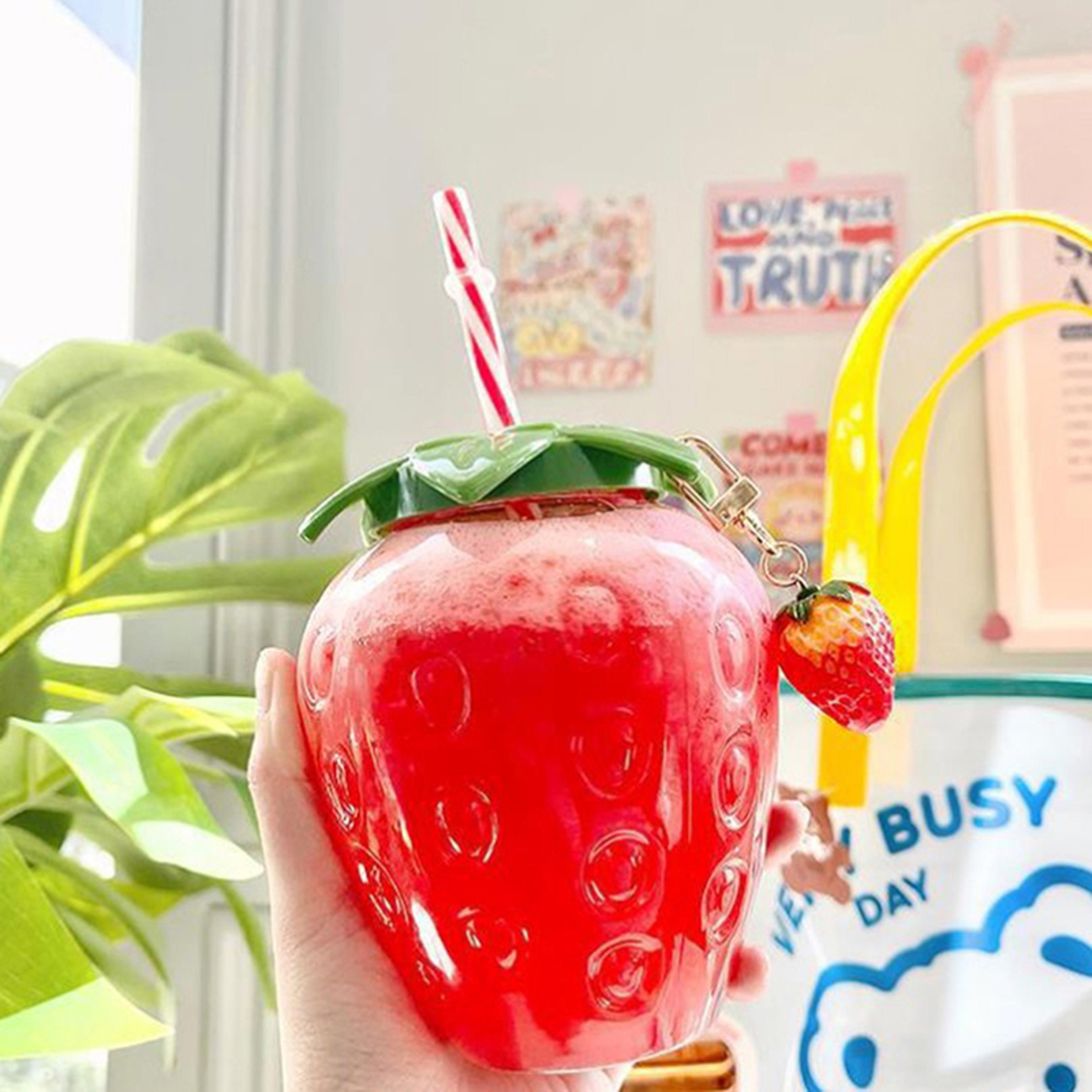 strawberry water bottle with straw portable cute drink cup for coffee, milk & daily hydration