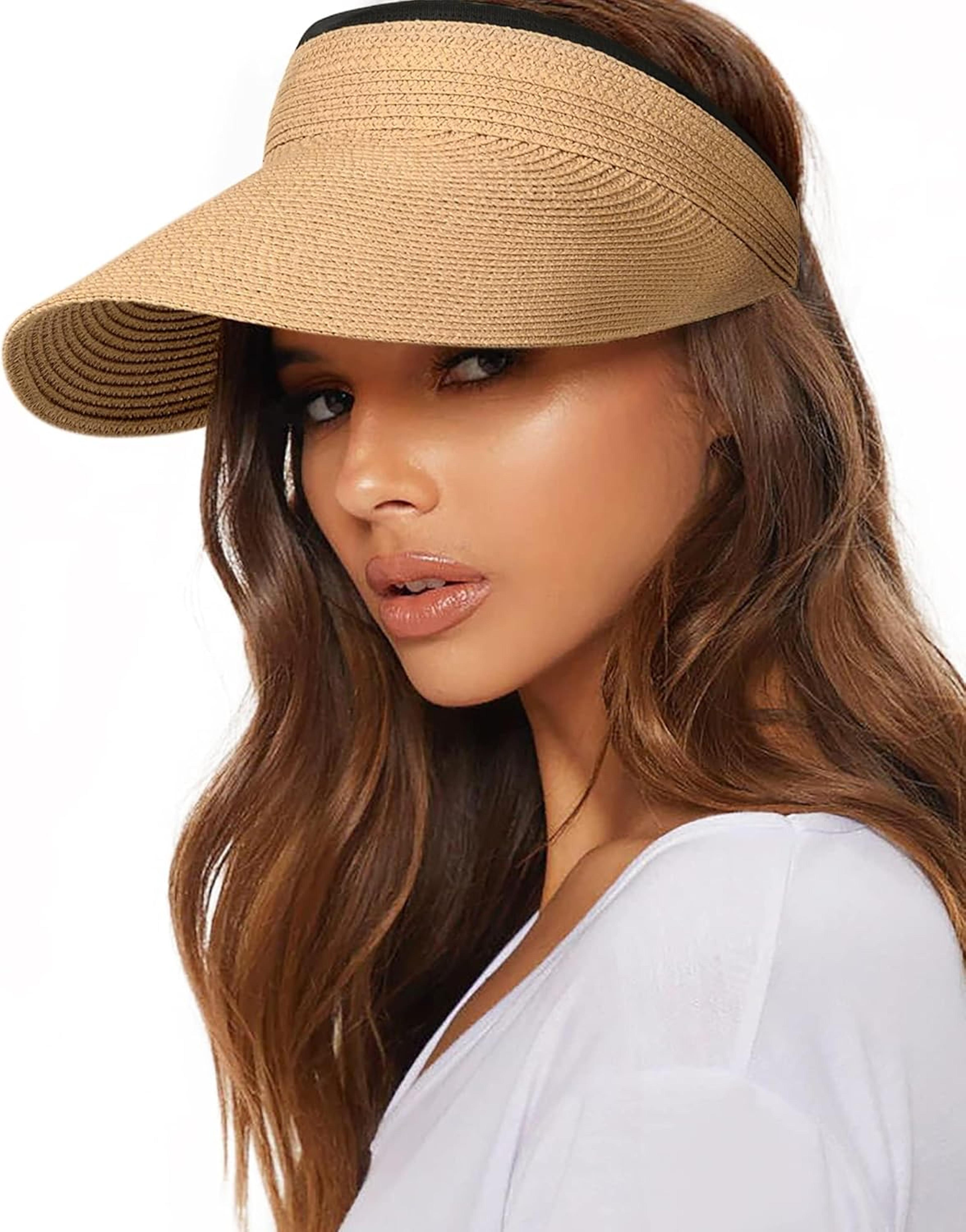 straw sun visor for women packable beach hat with ponytail opening