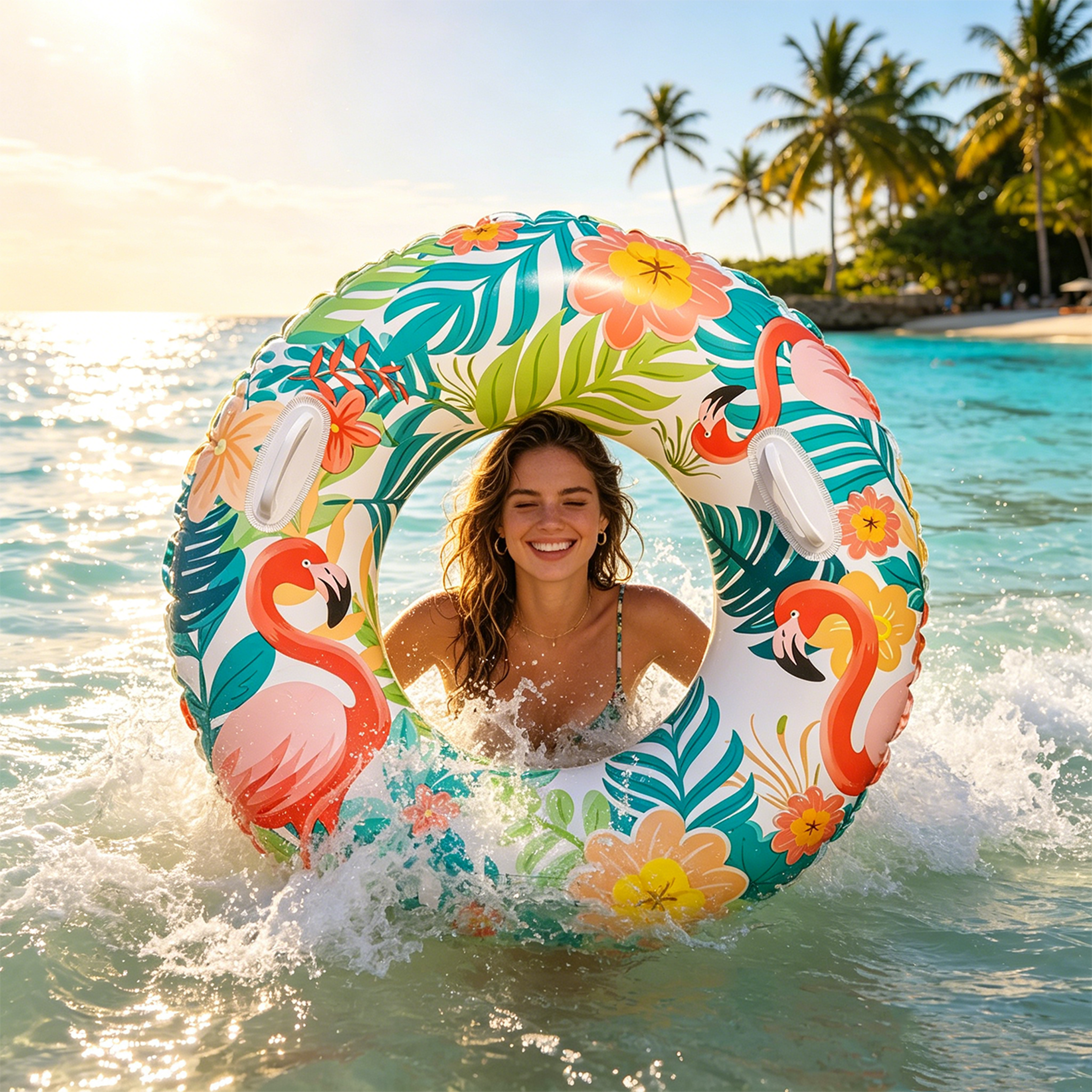 tropical flamingo pool float inflatable swim ring for adults beach & pool parties