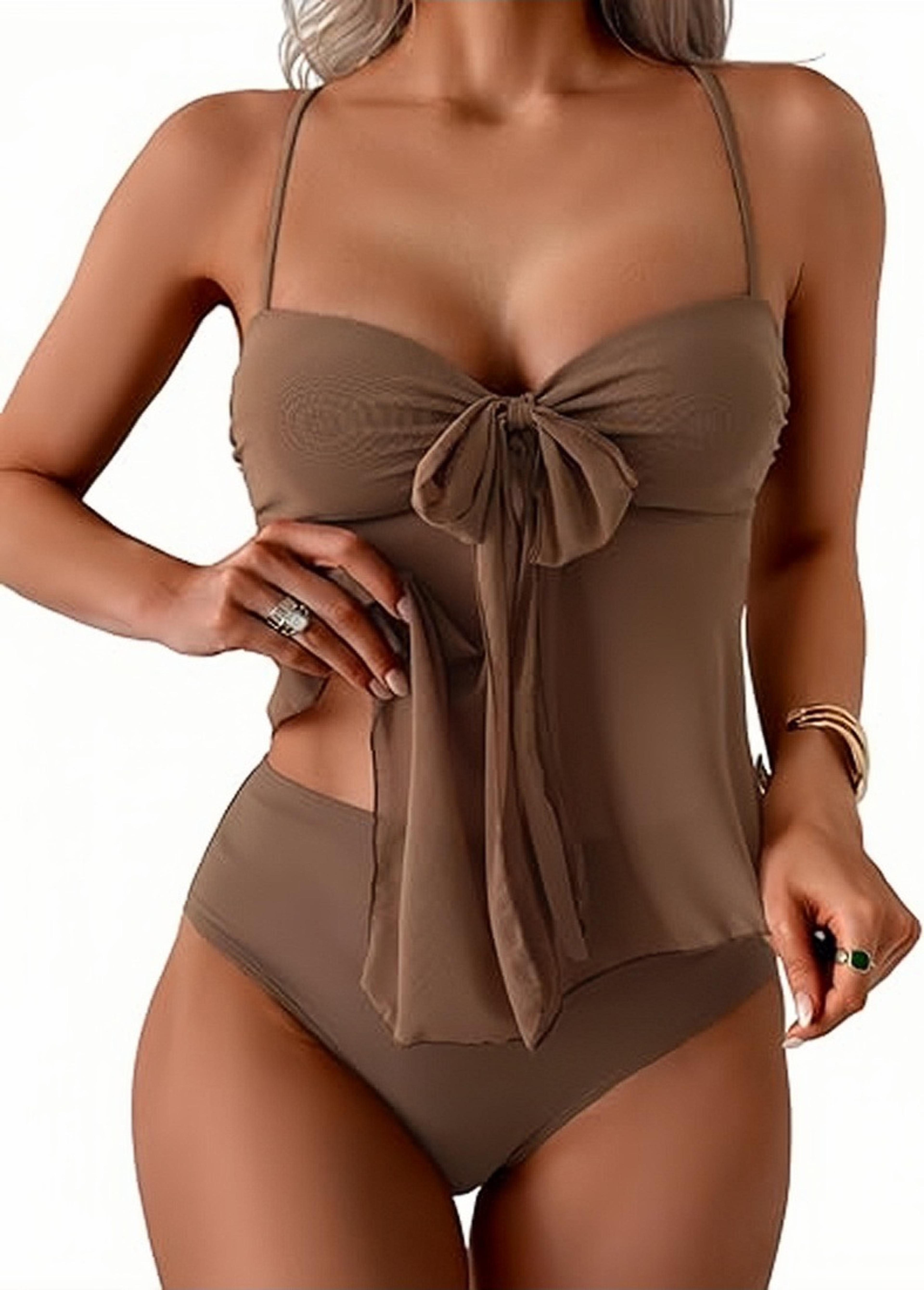 elegant front bow strapless bikini set with chiffon wrap high cut bandeau swimsuit