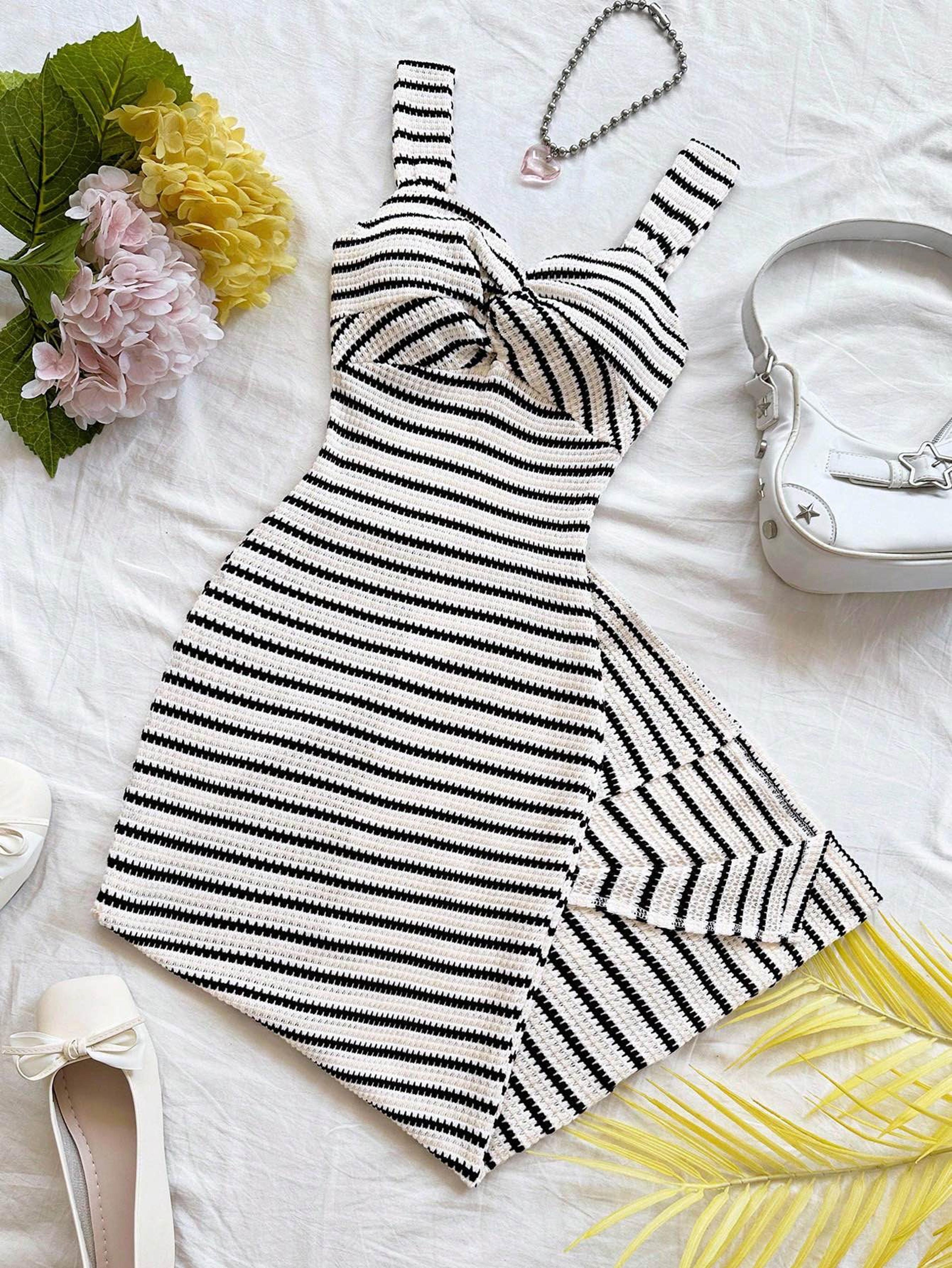 elegant striped maxi dress for women twist front sleeveless summer dress