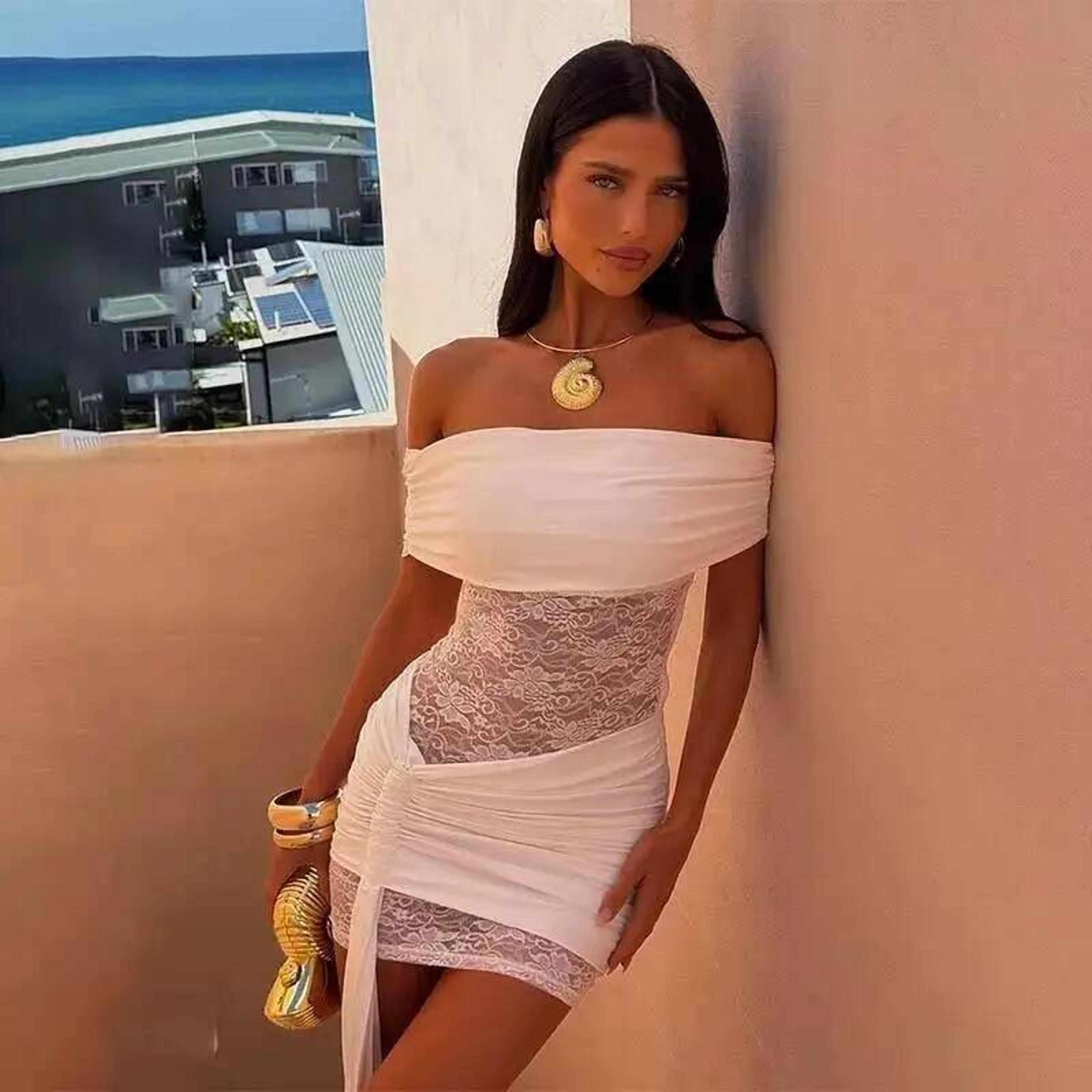 elegant off shoulder mini dress for women lace patchwork bodycon party dress