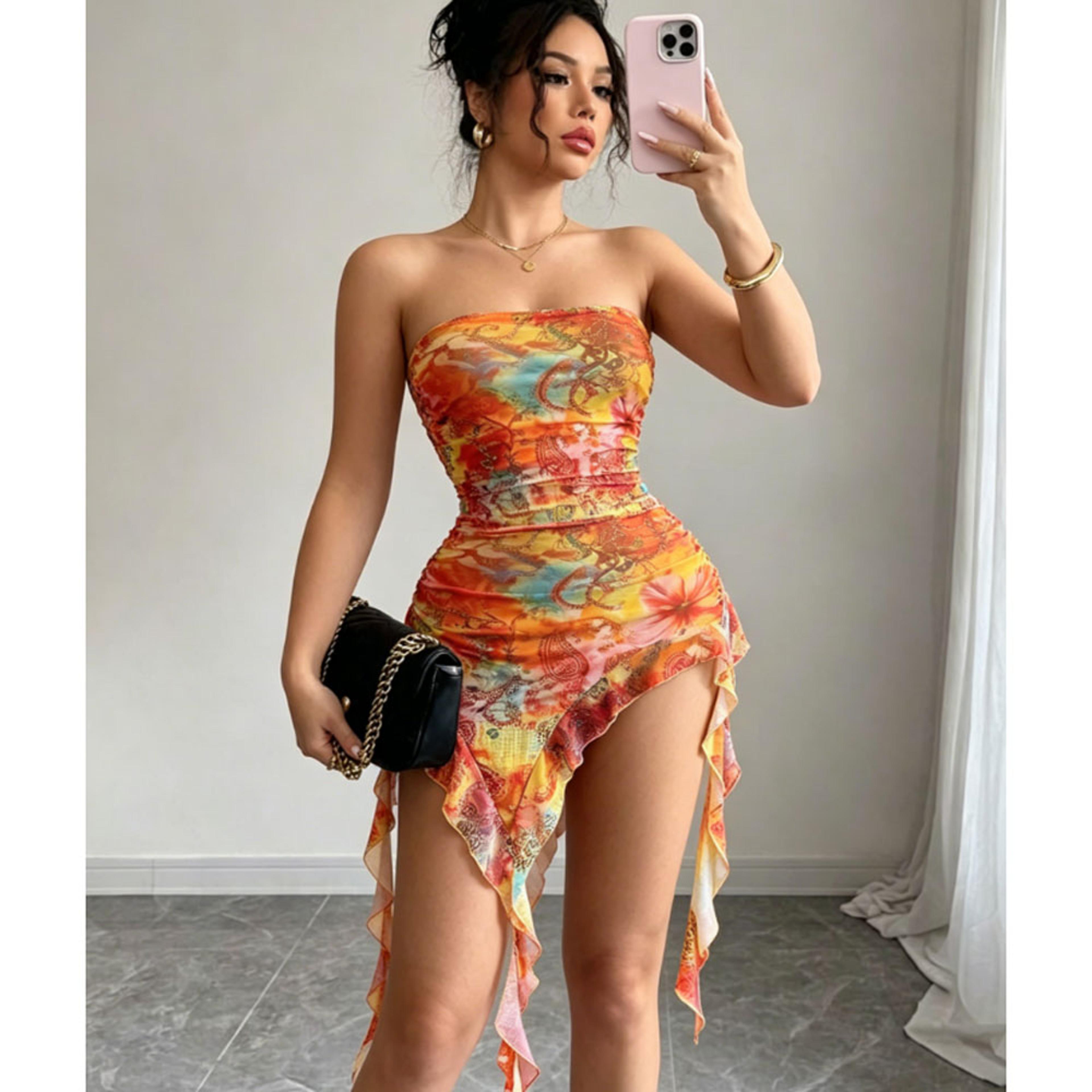 summer dress for women strapless asymmetrical printed mini dress