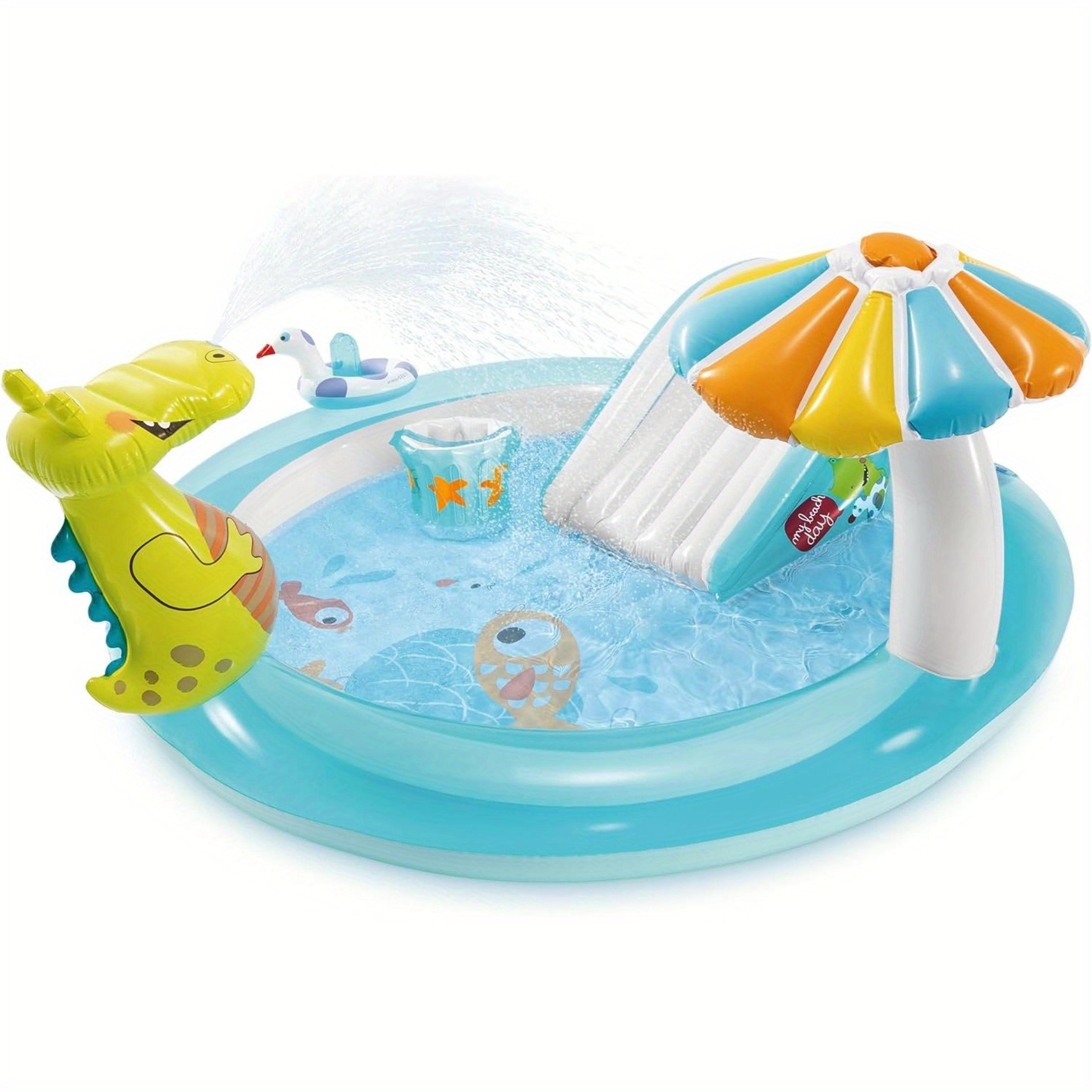 crocodile inflatable kiddie pool with slide & fishing game water play center