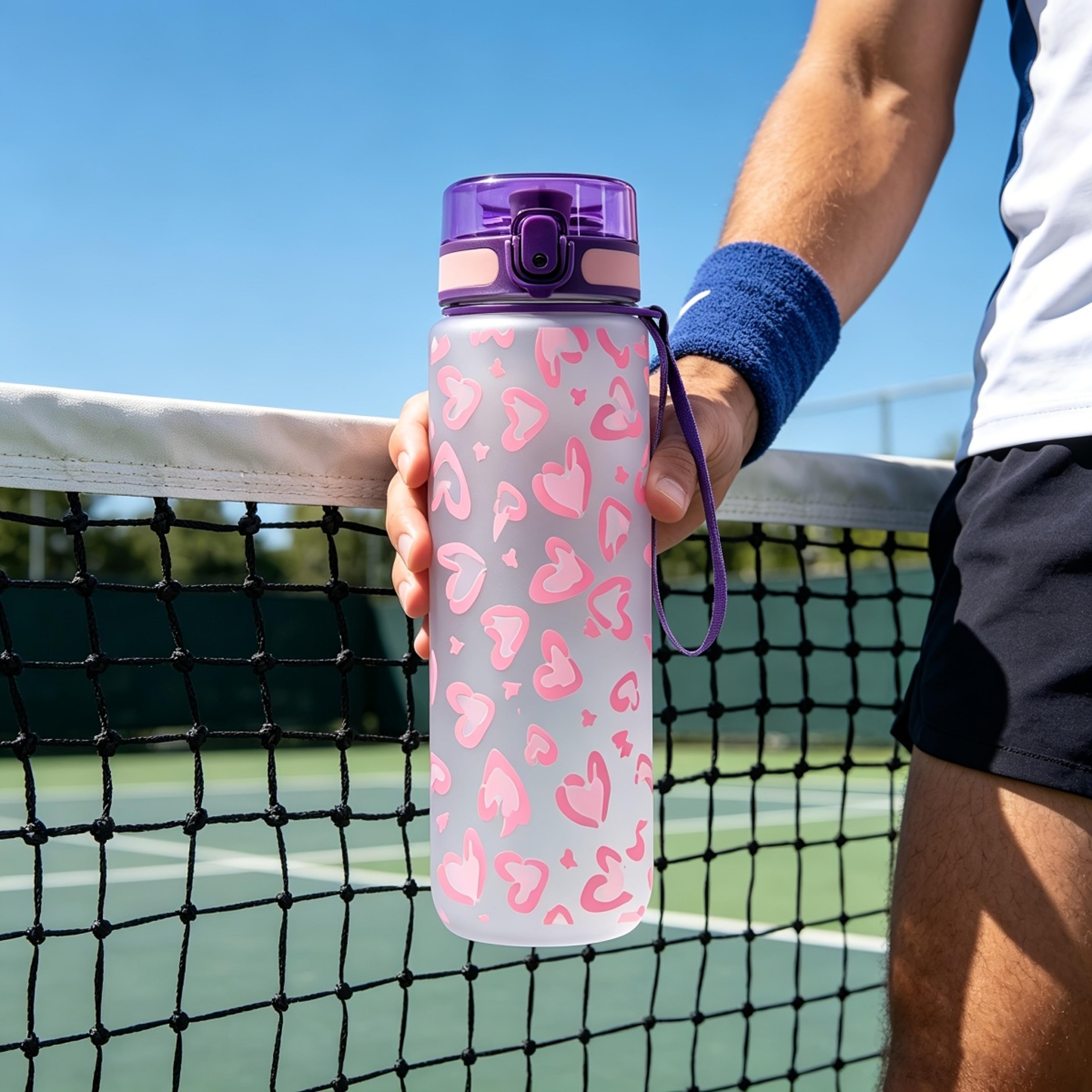 leakproof sports water bottle with flip top and lanyard heart print