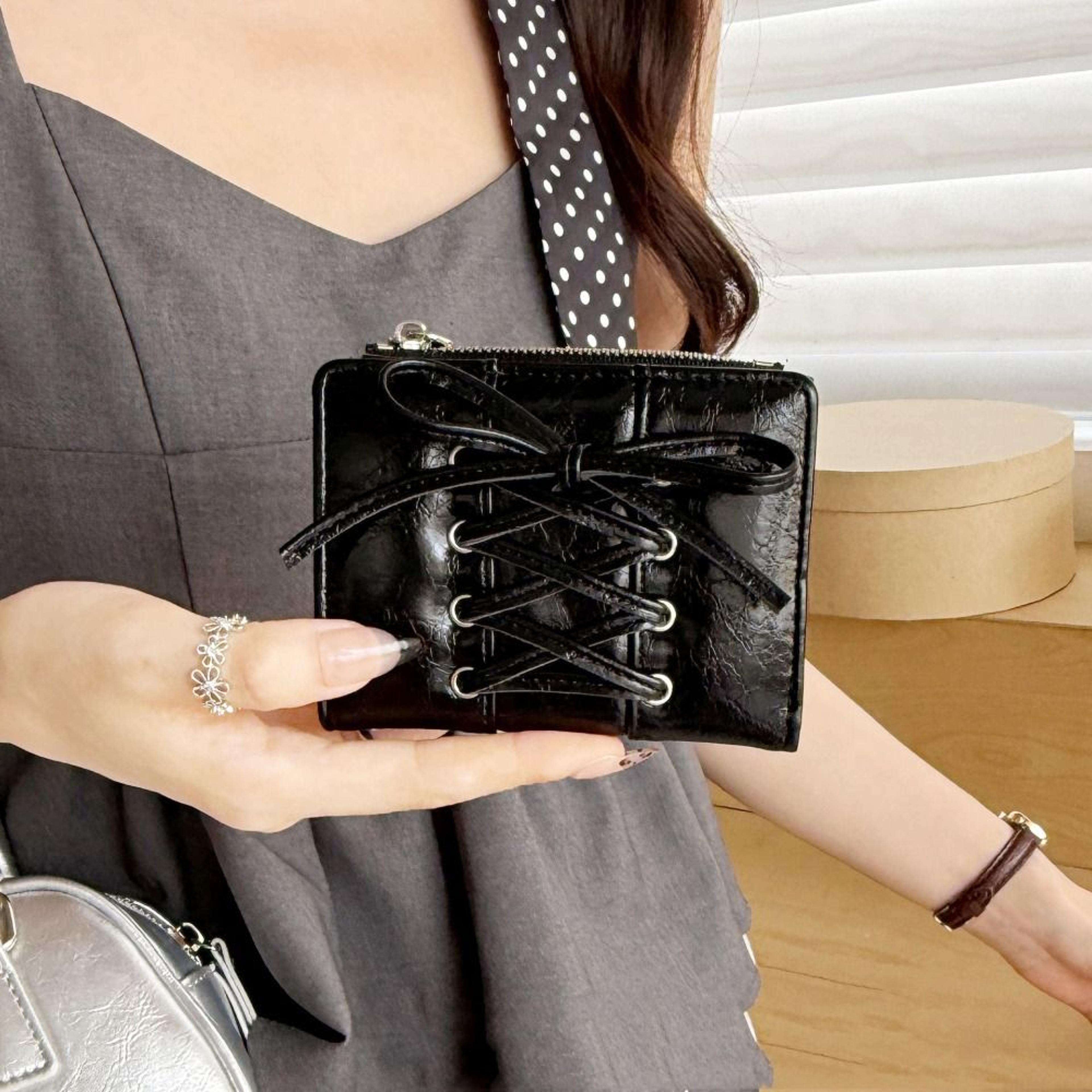 elegant bow slim card holder wallet for women with zipper coin pocket