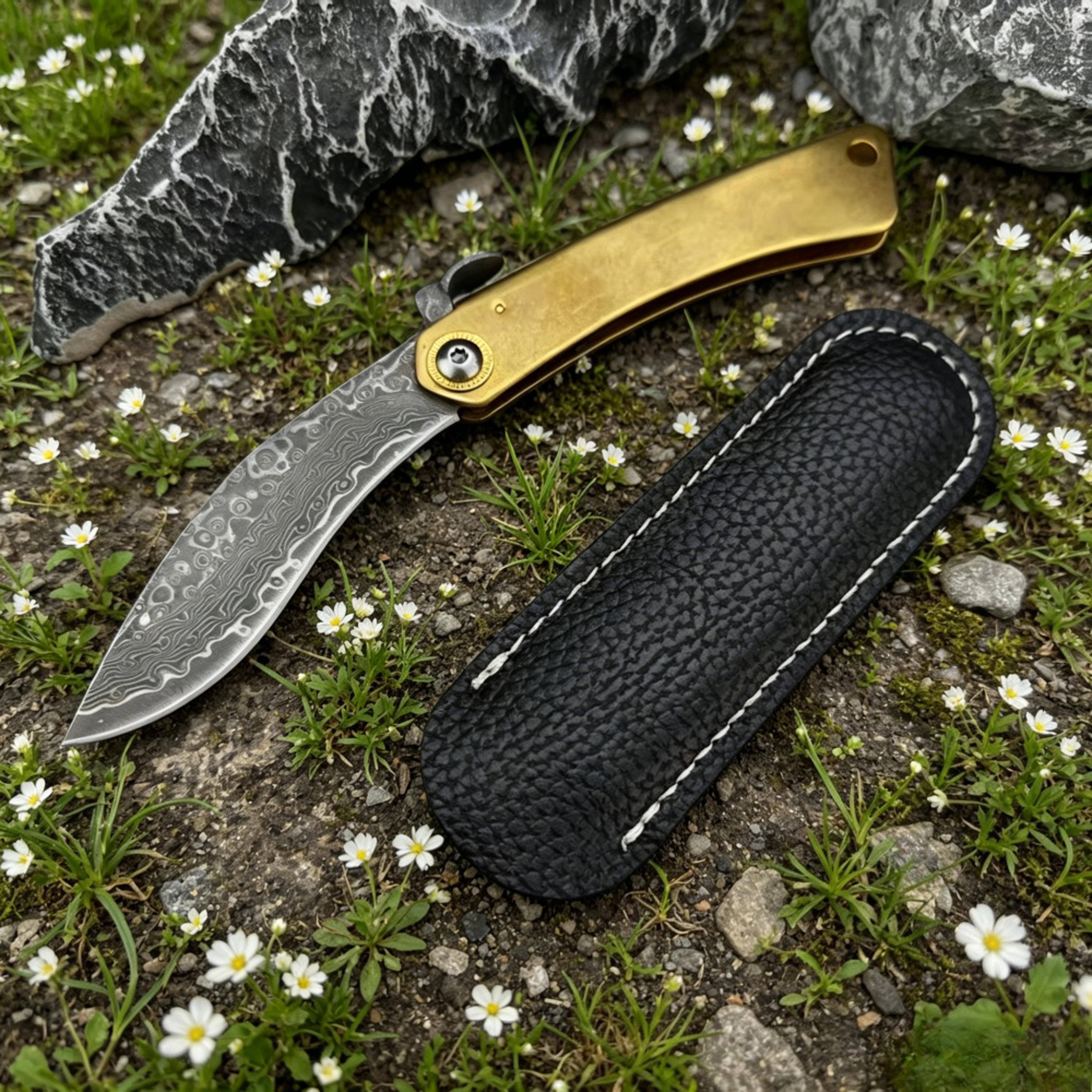 damascus folding knife with leather sheath mini pocket knife for fishing, camping & hiking