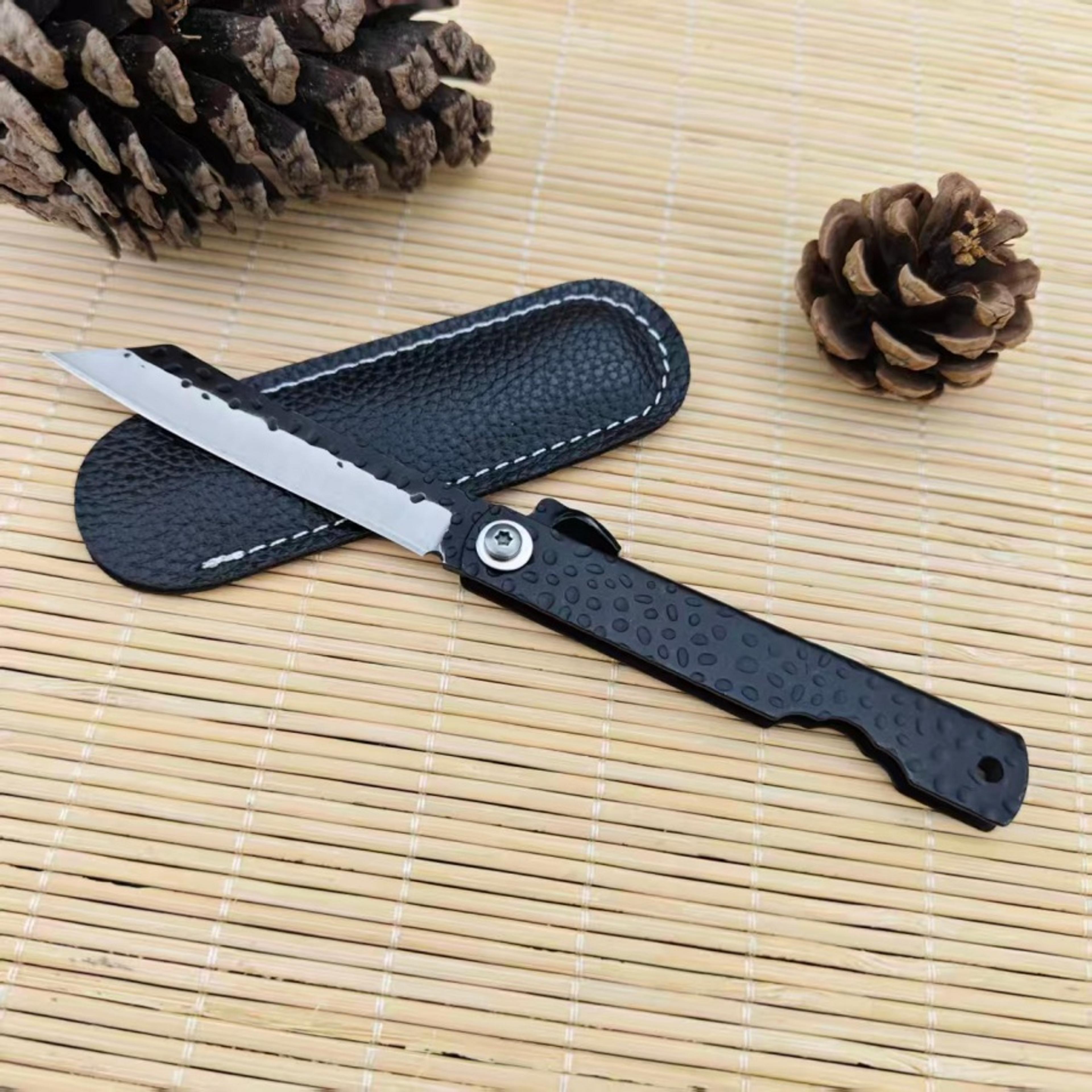 portable edc folding pocket knife with leather case for camping & everyday carry