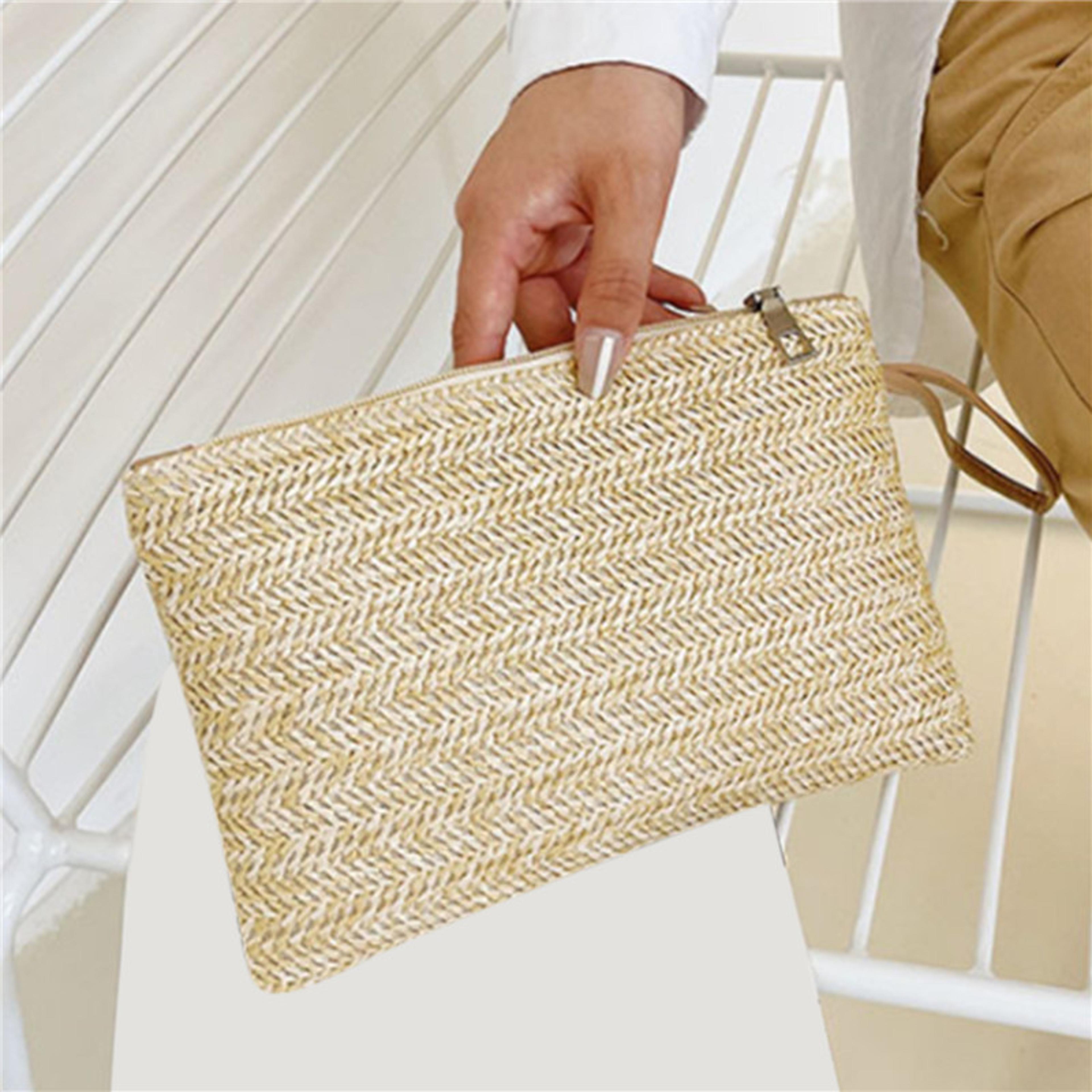 handmade straw clutch bag woven wristlet beach purse for women