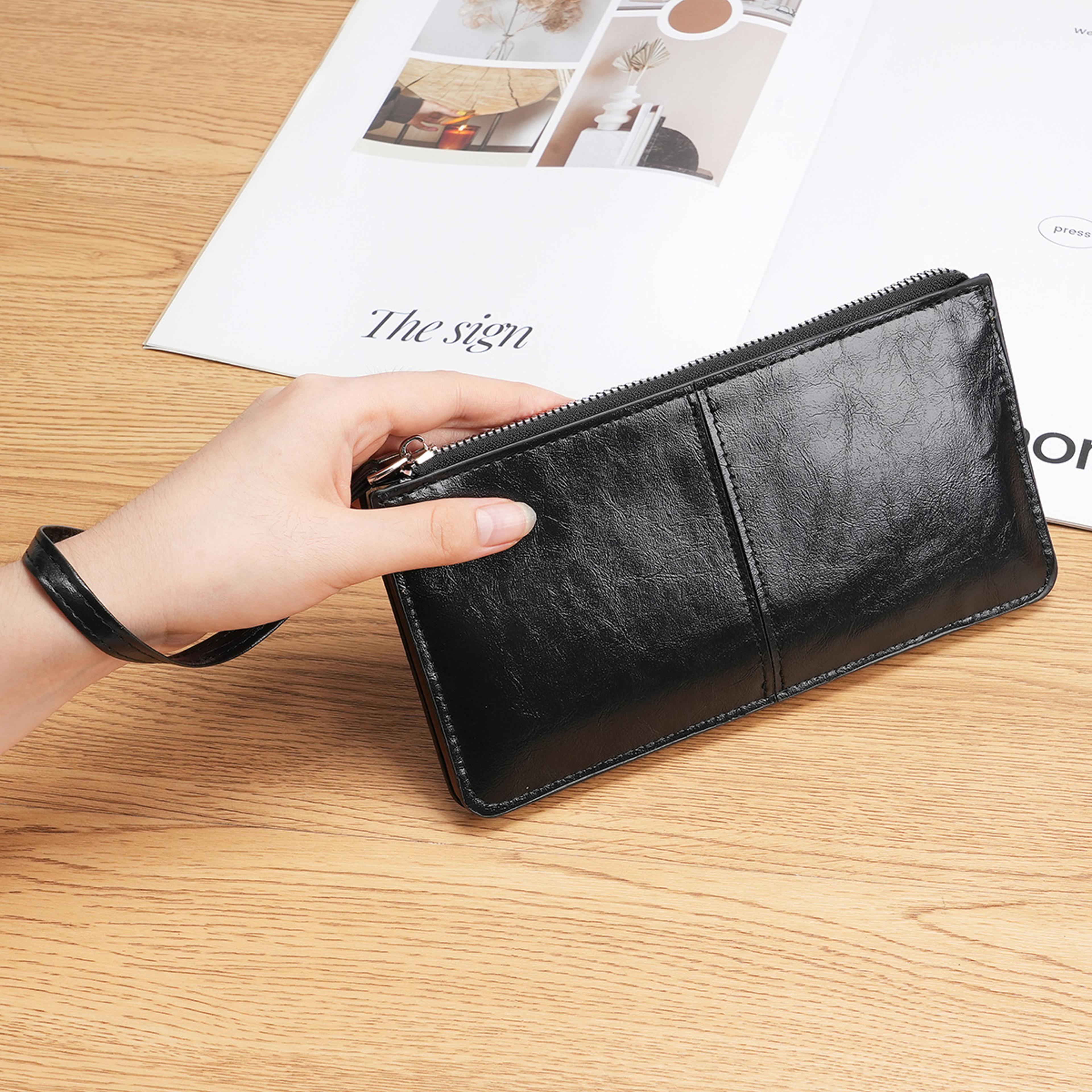 women's long wallet with wrist strap multi card holder zipper clutch