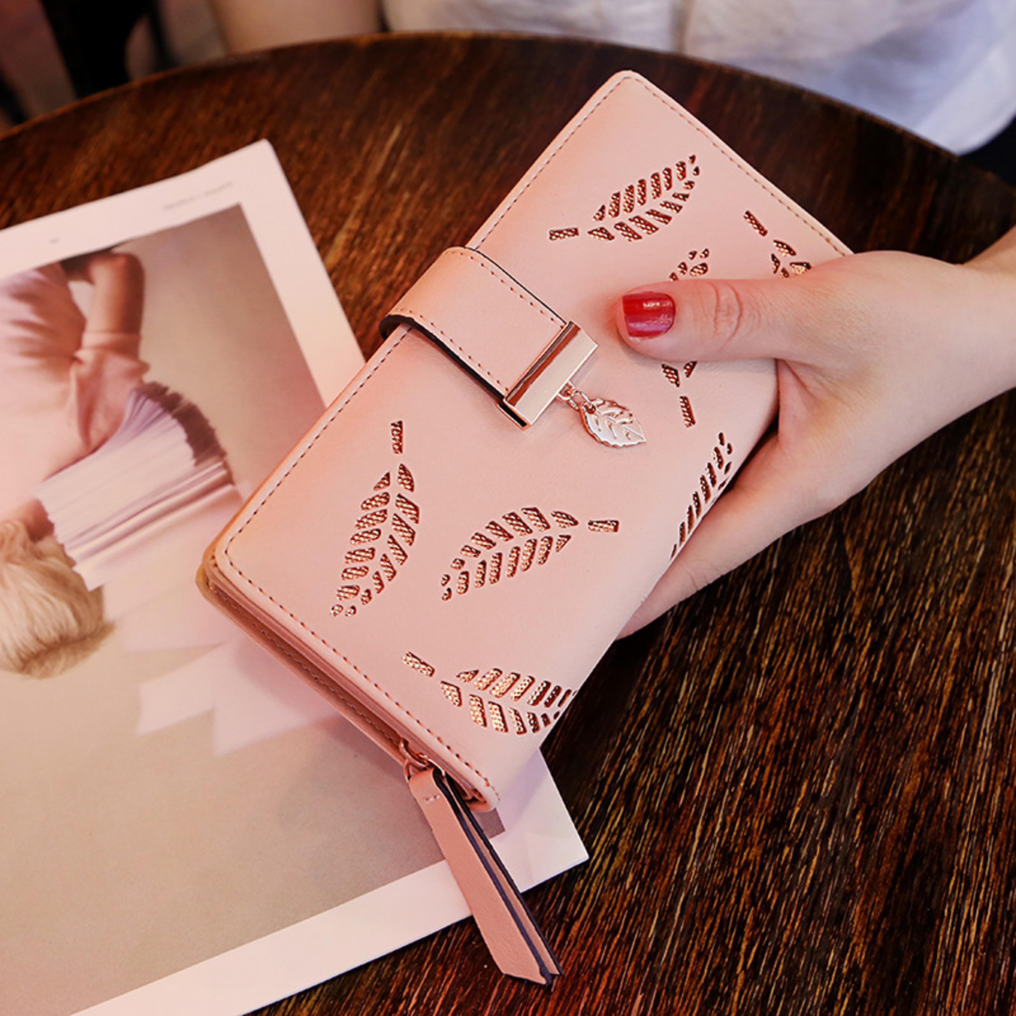 elegant women's leather wallet with leaf buckle large capacity bifold wallet and zipper clutch