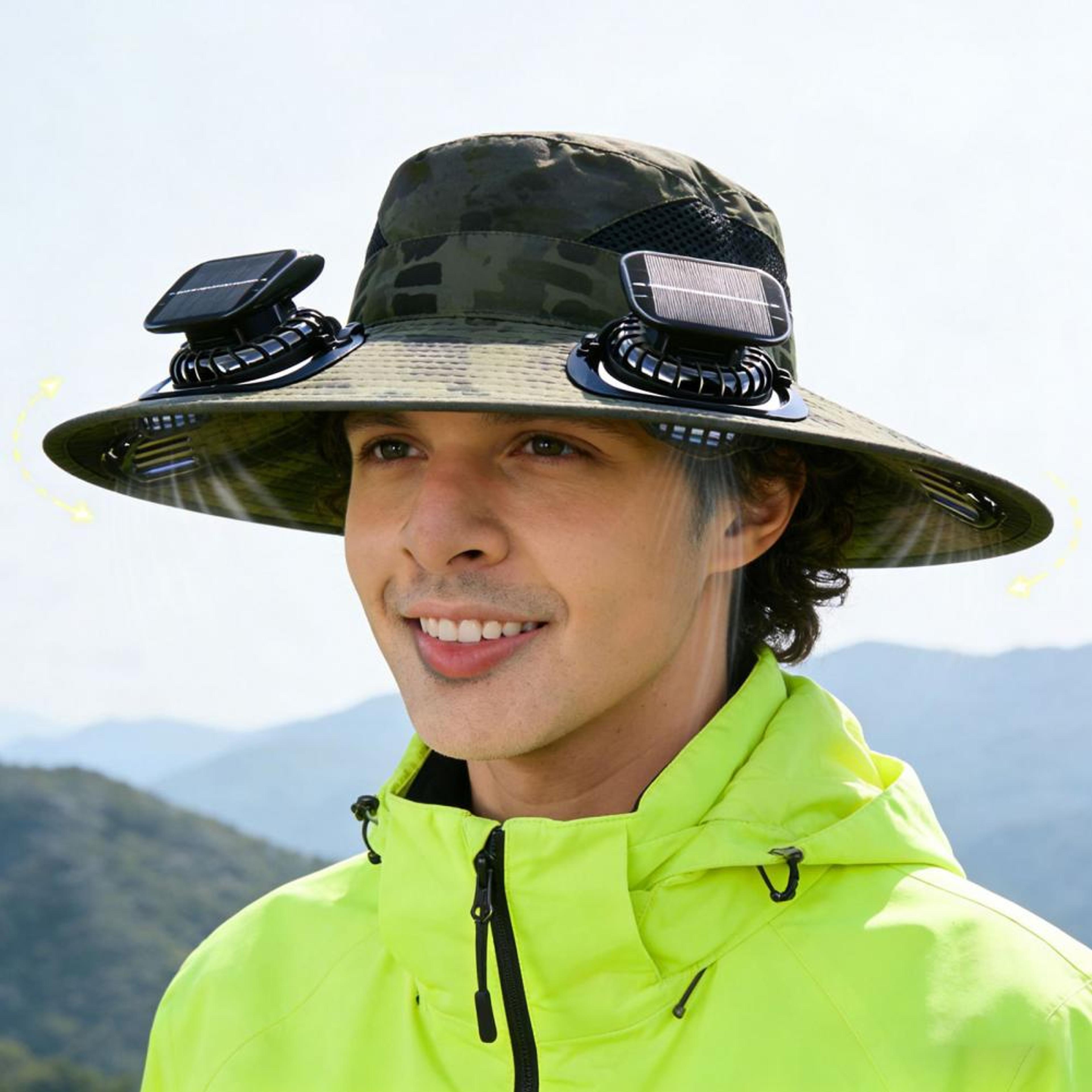 solar fan hat with dual cooling fans wide brim fishing & hiking sun hat