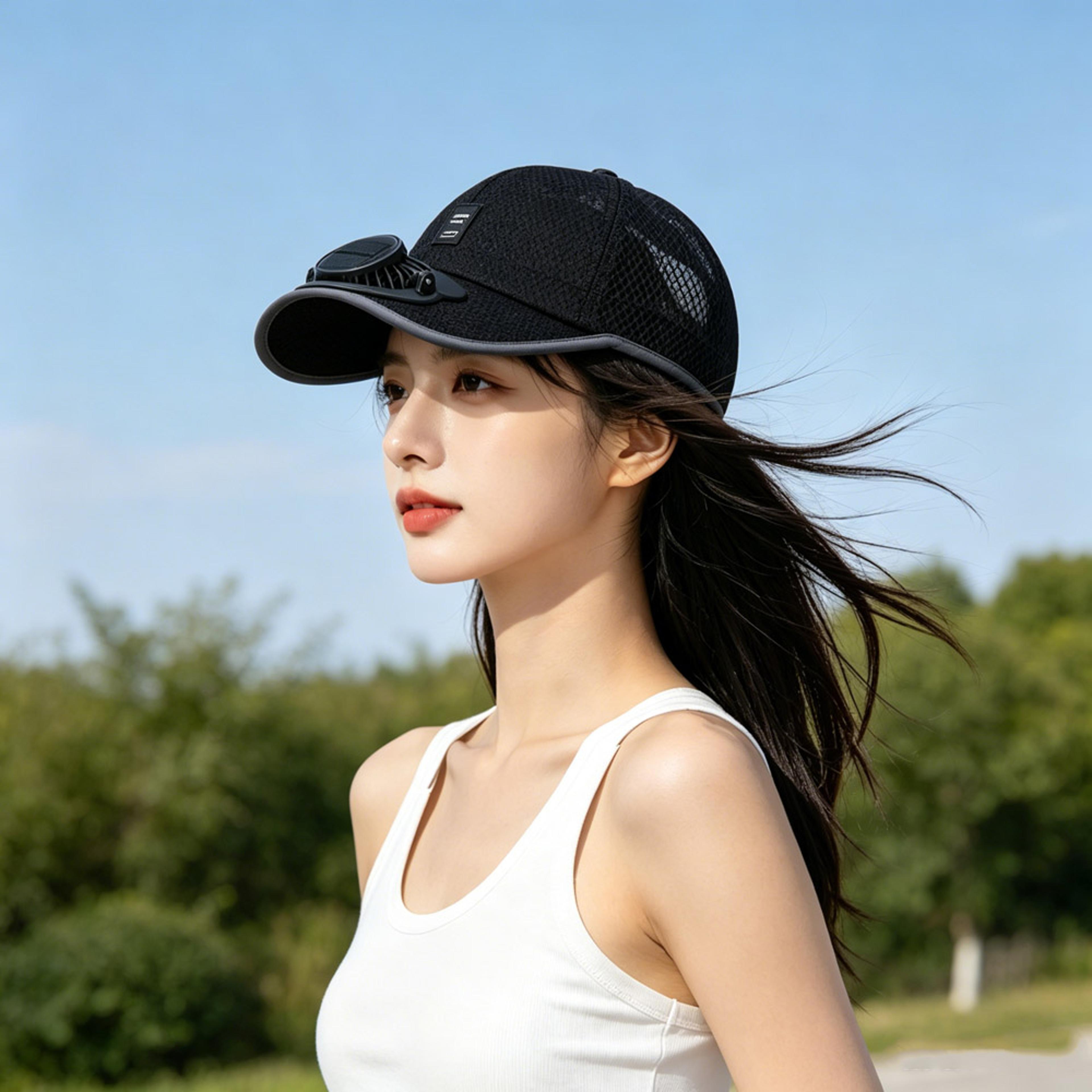 solar fan hat with usb rechargeable cooling fan and breathable sun protection mesh cap