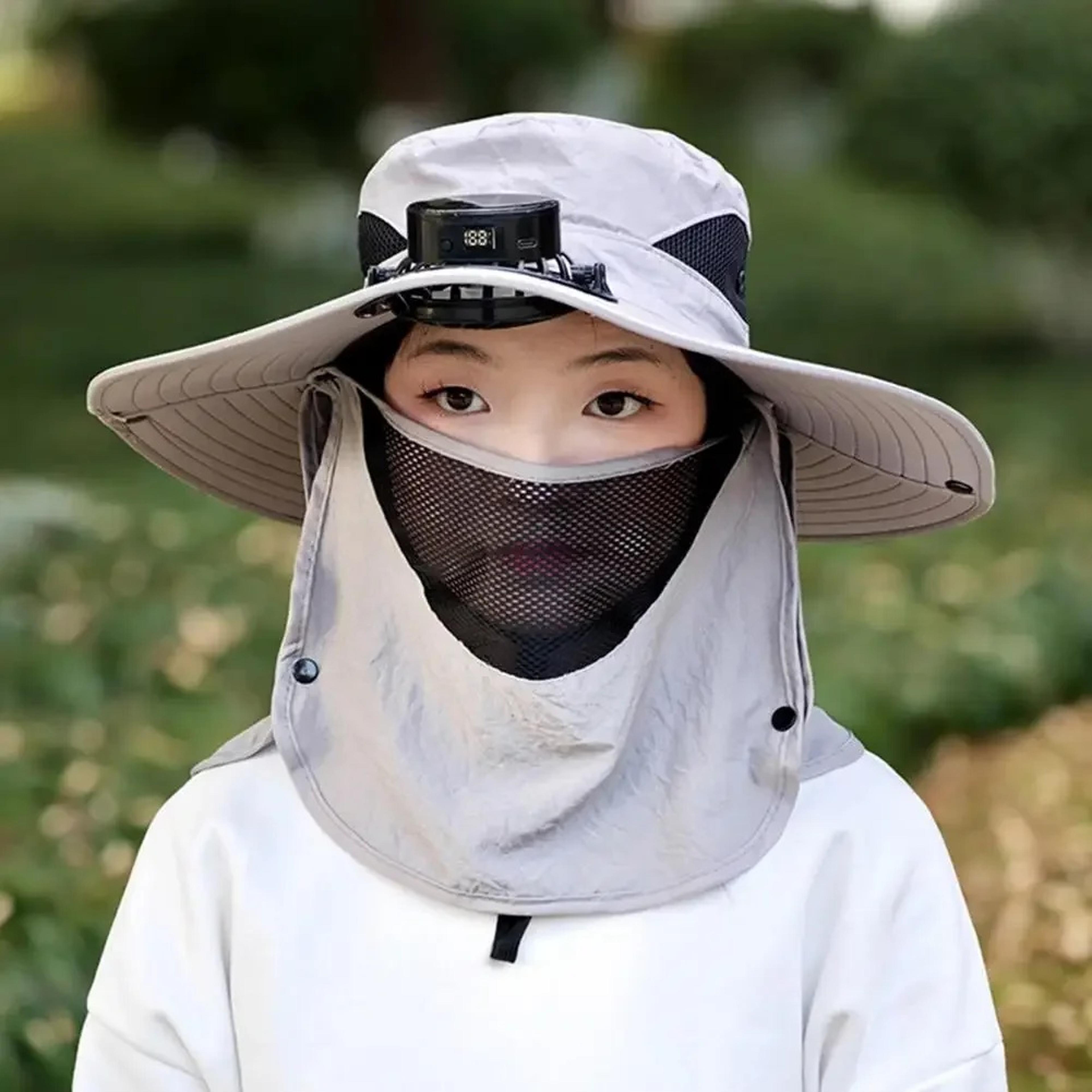 solar fan hat with uv protection face guard and wide brim cooling sun hat