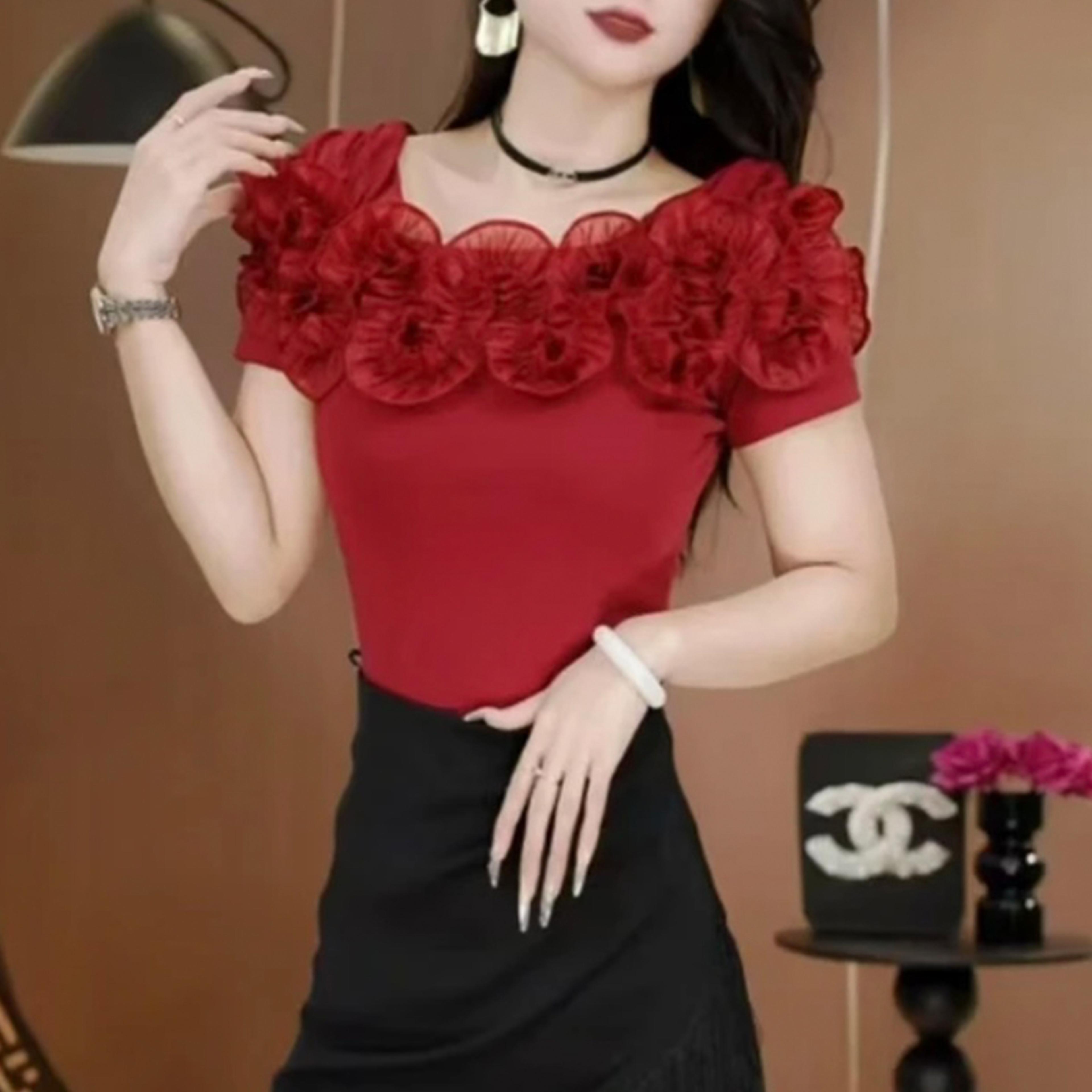 elegant off shoulder top for women chic cotton t shirt with ruffle sleeves & slim fit