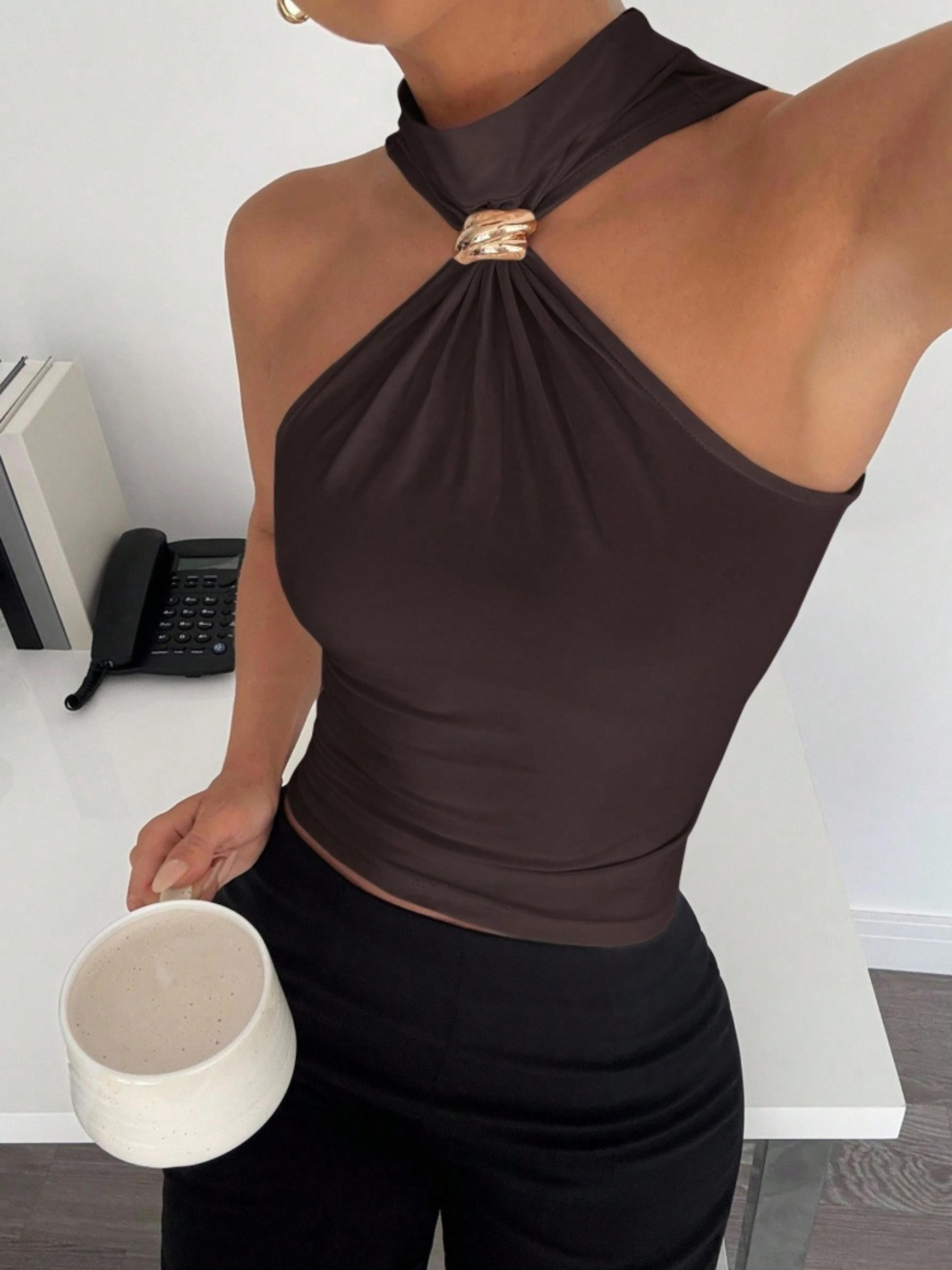 elegant halter neck tank top with metal ring twist knot slim fit summer crop top