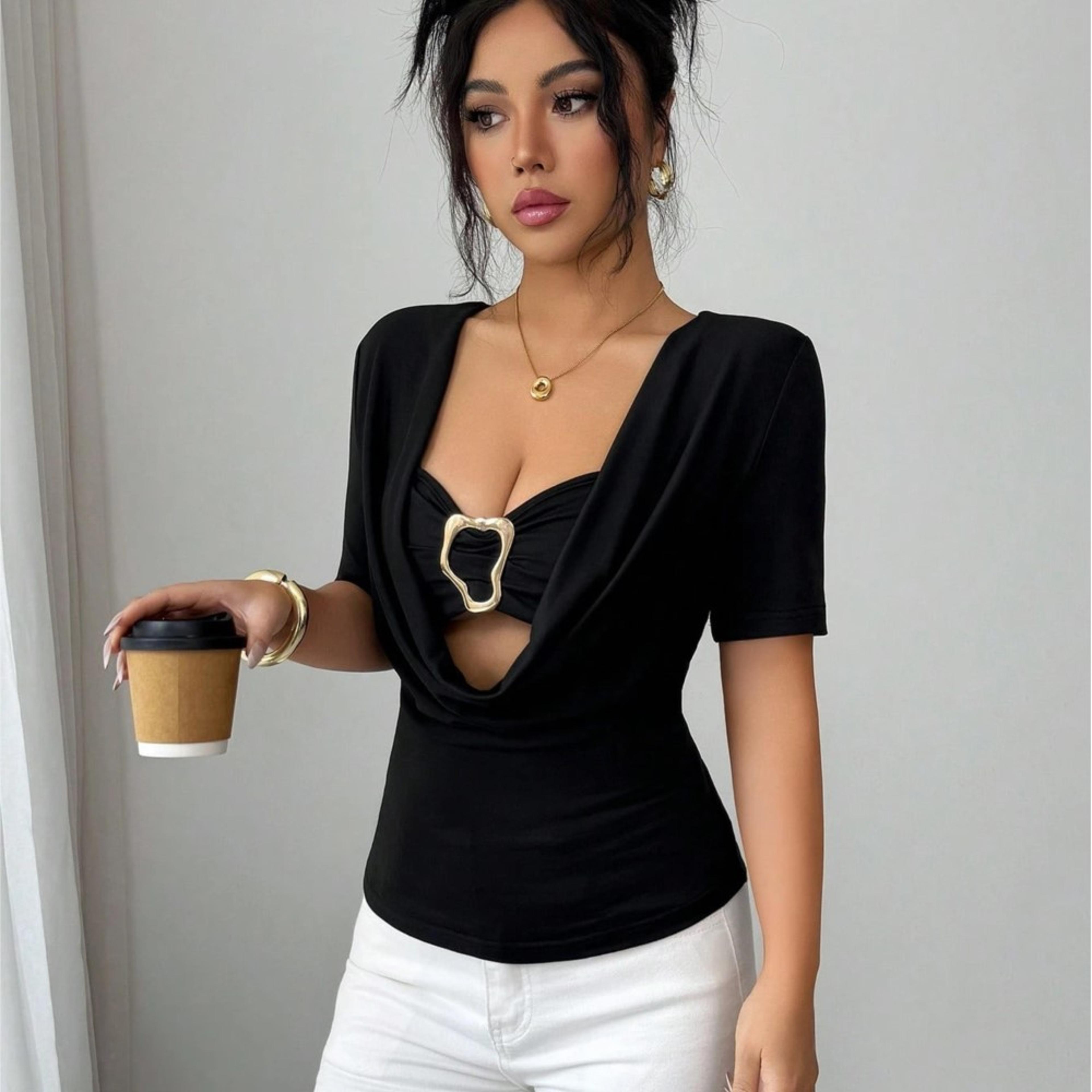 crop top for women fake metal buckle streetwear tee