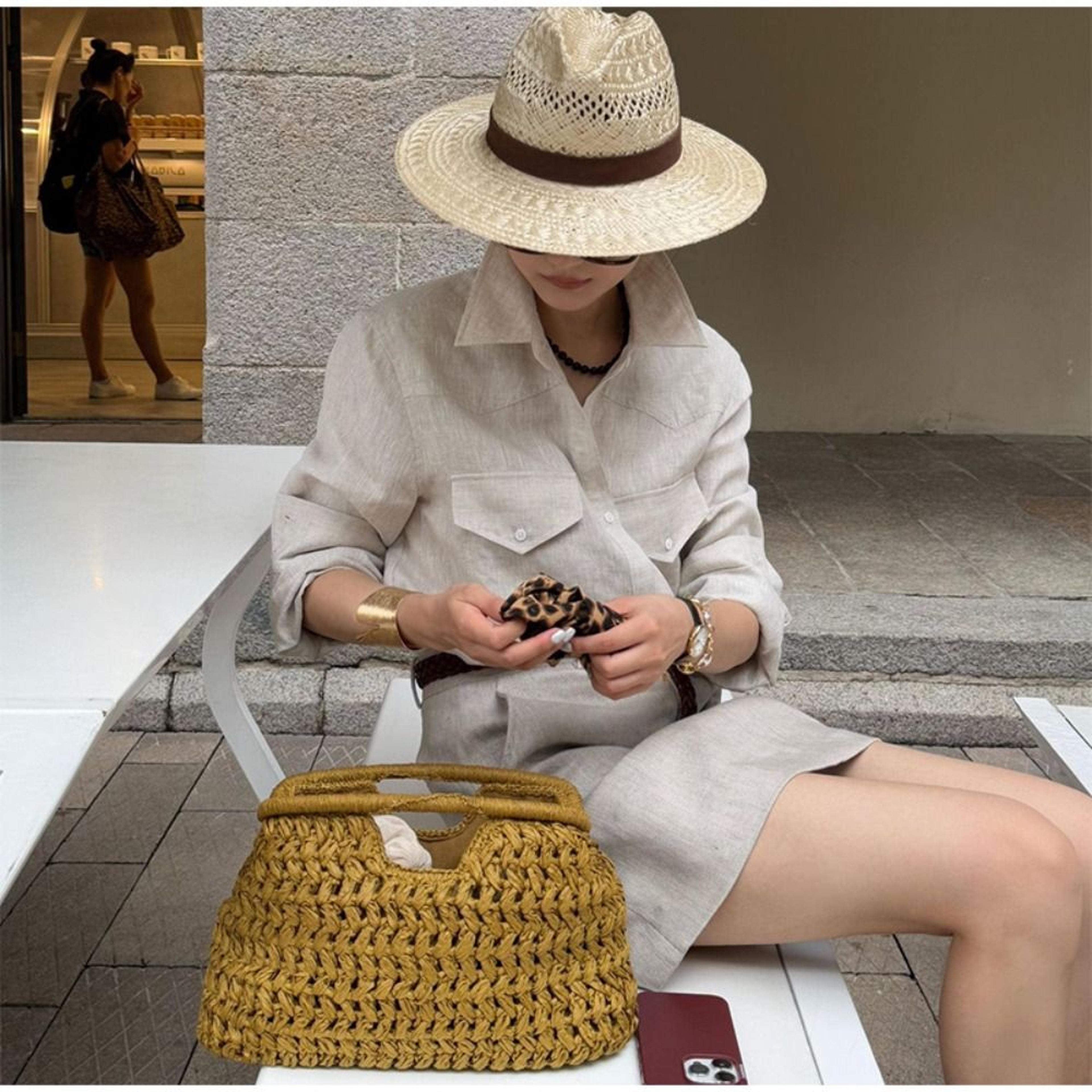 sunlit woven clutch bag large capacity straw beach handbag for women