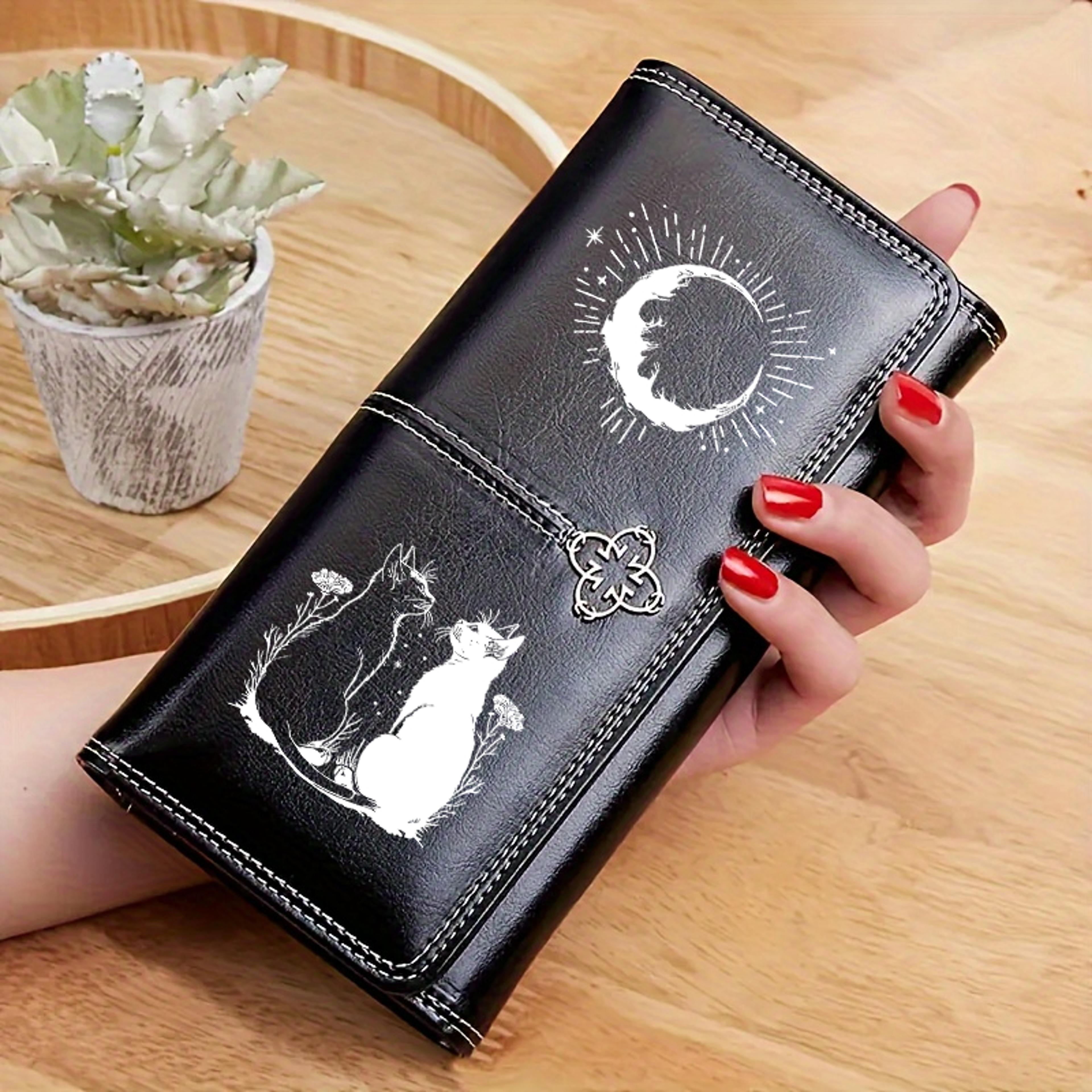 gothic black cat long zip wallet with card holder and coin pockets