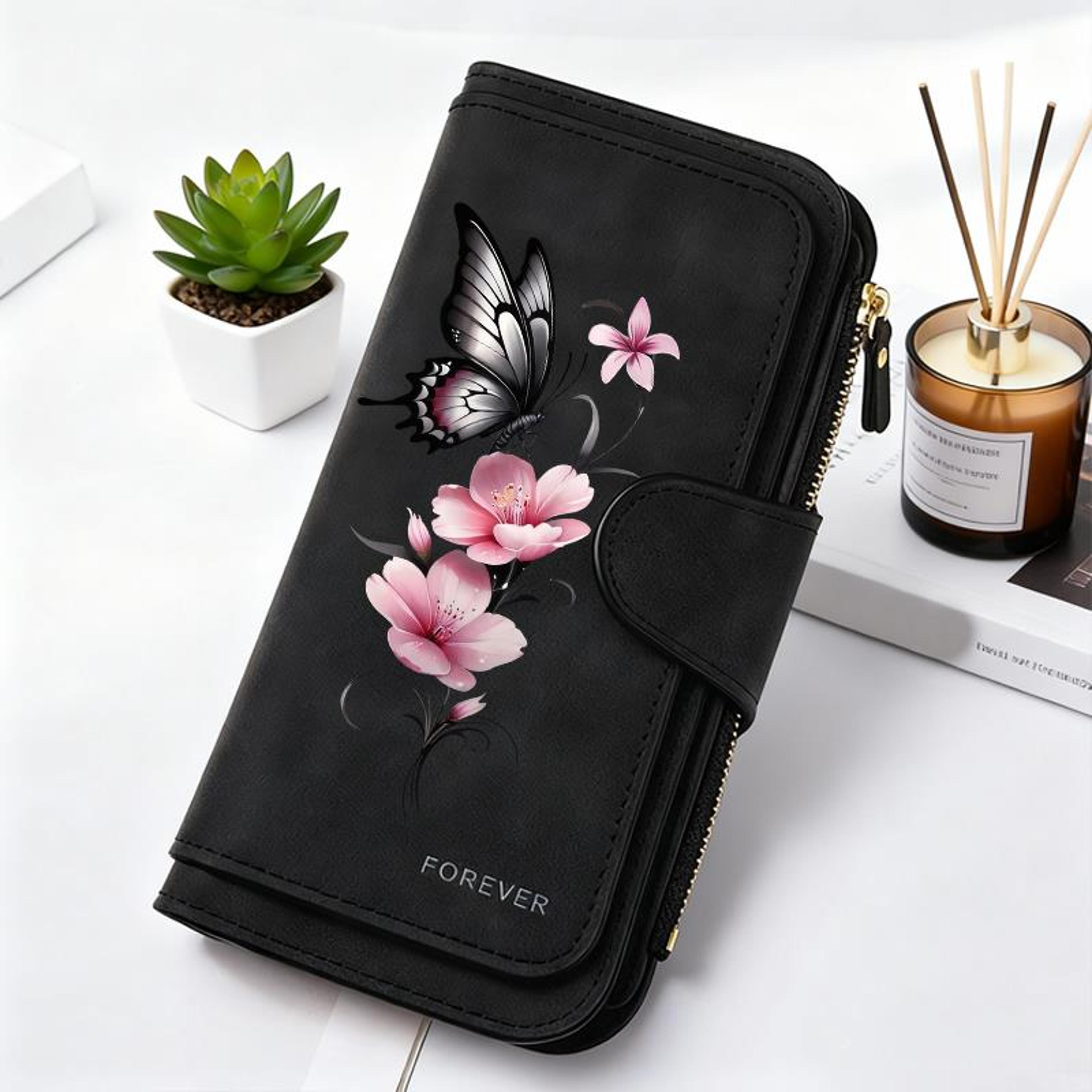 butterfly bloom women's long wallet with phone pocket & card holder