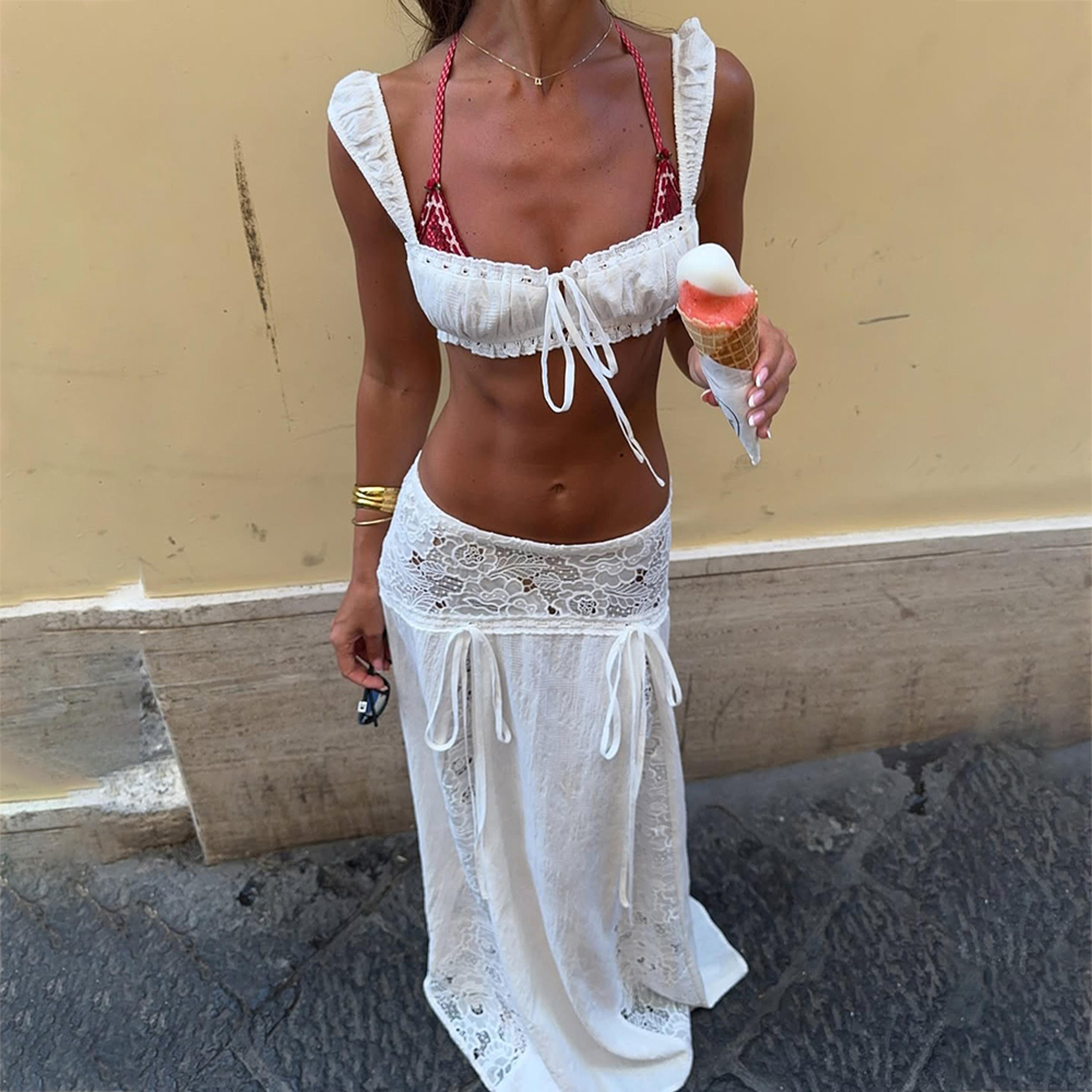 boho beach cover up set for women tie front cami and lace maxi skirt
