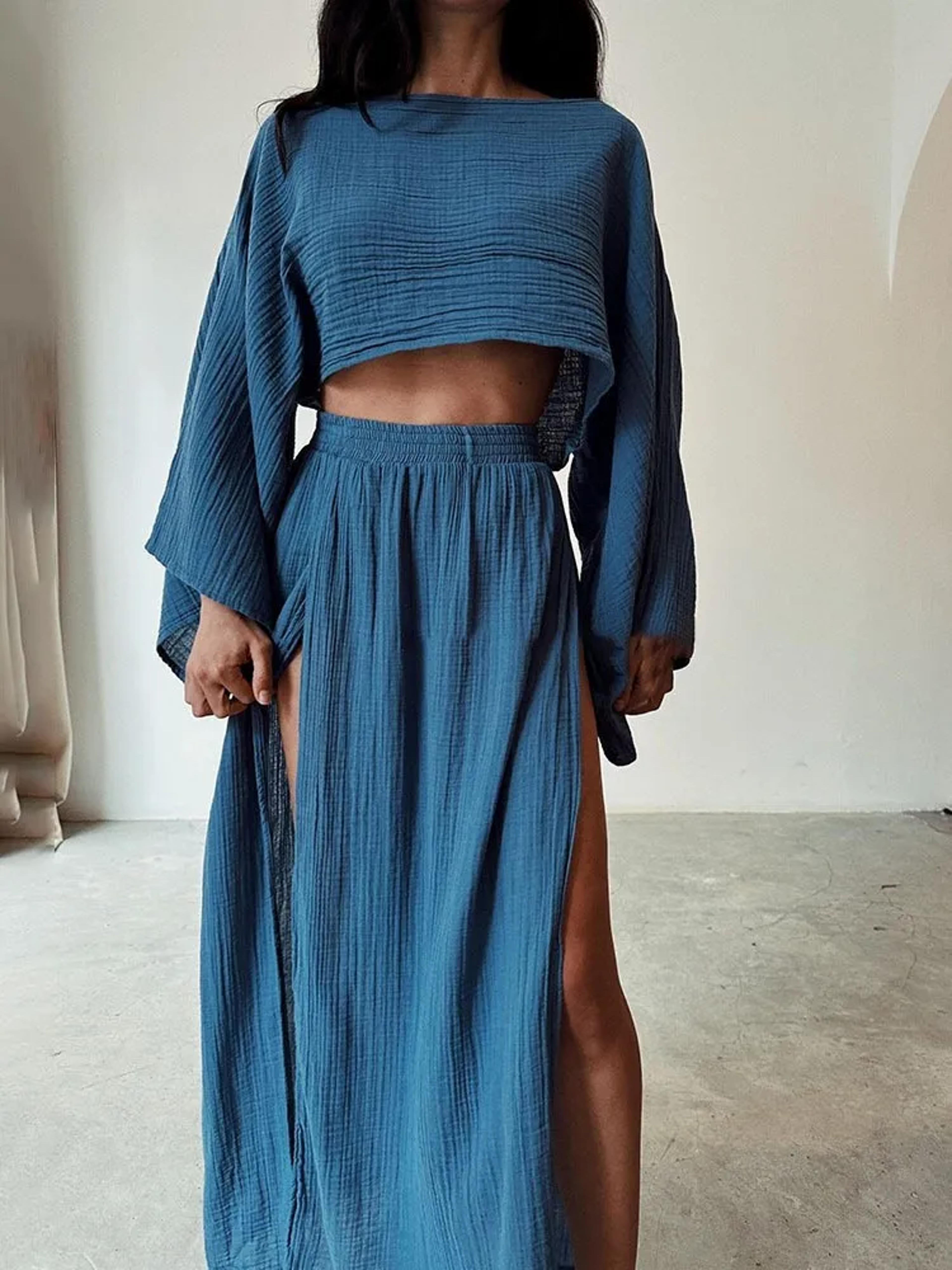 elegant skirt set with long sleeve crop top & high slit maxi skirt for beach & party