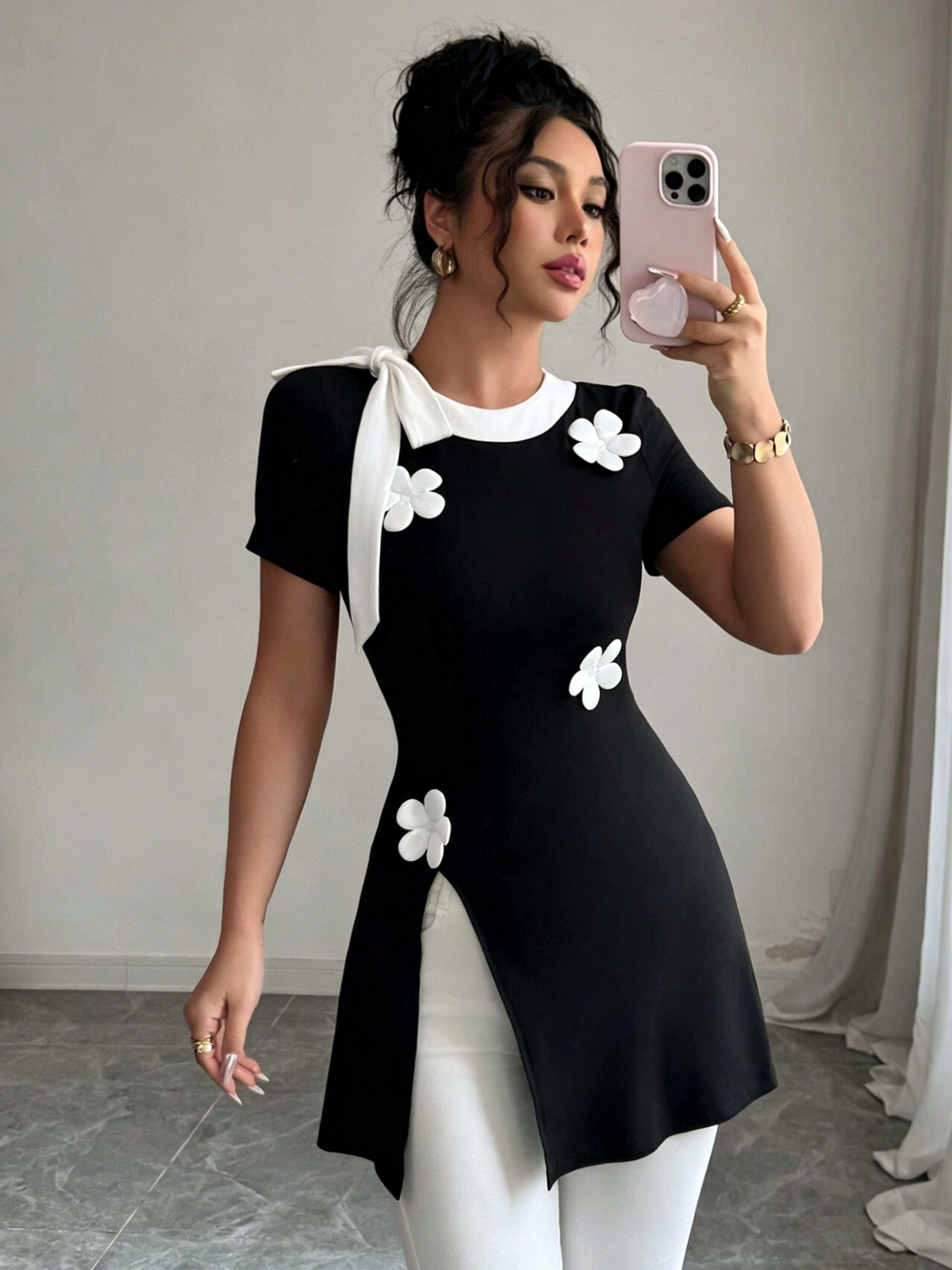 elegant bow tie blouse for women v neck tunic top slim fit office shirt