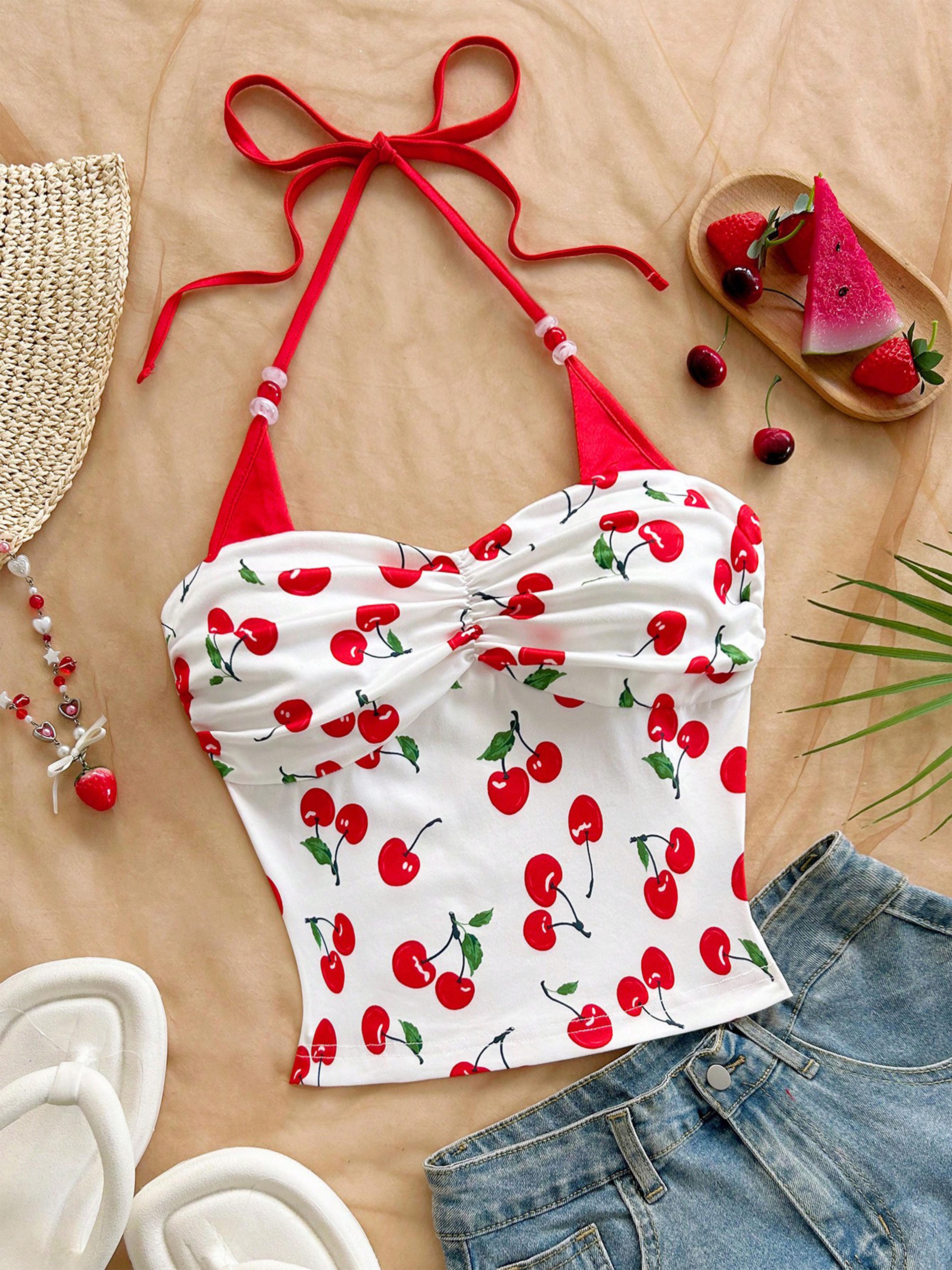 cherry bliss halter top for women color block summer tank top with beaded tie