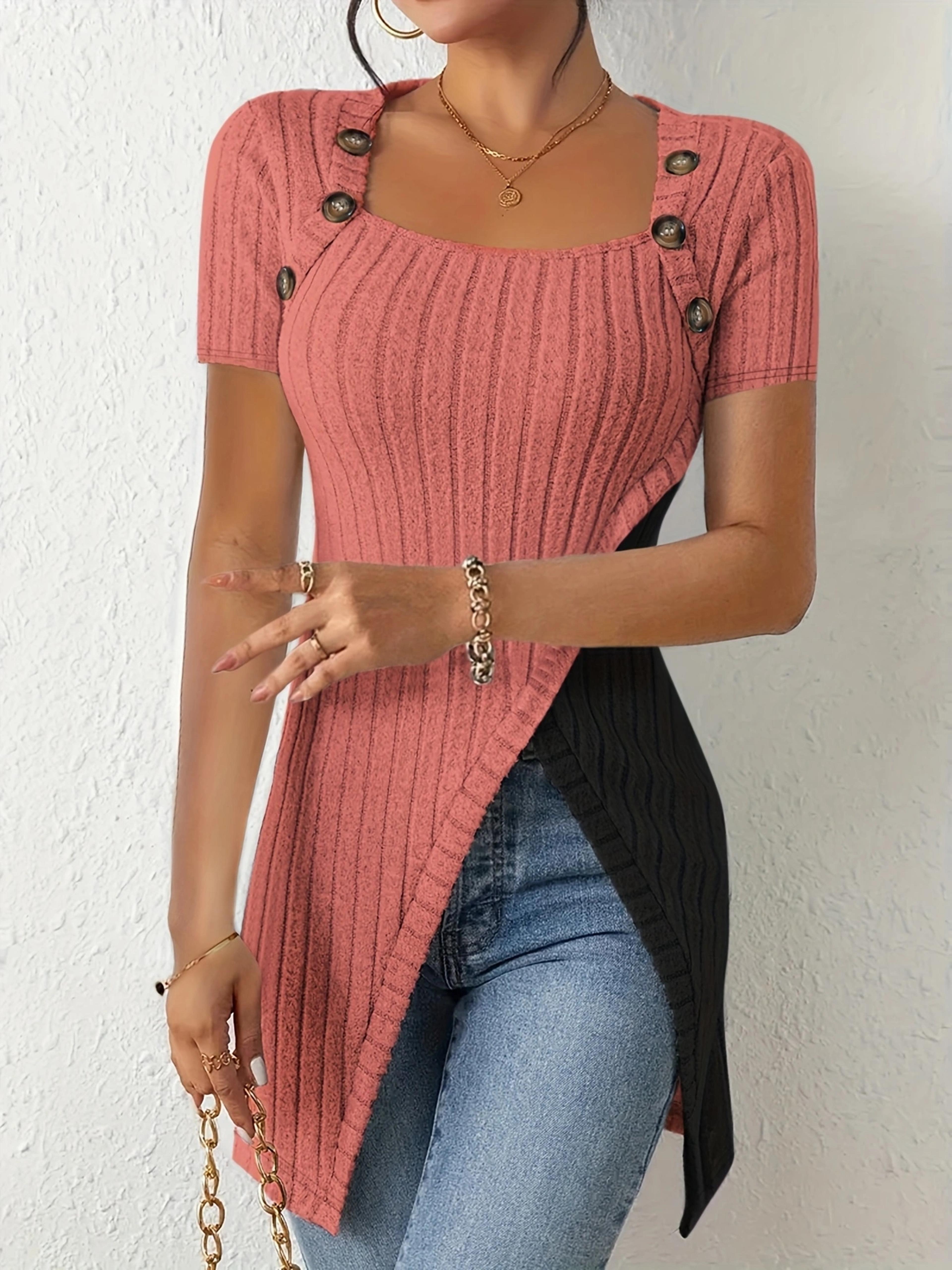 color block button women's ribbed top with asymmetrical hem for casual summer style