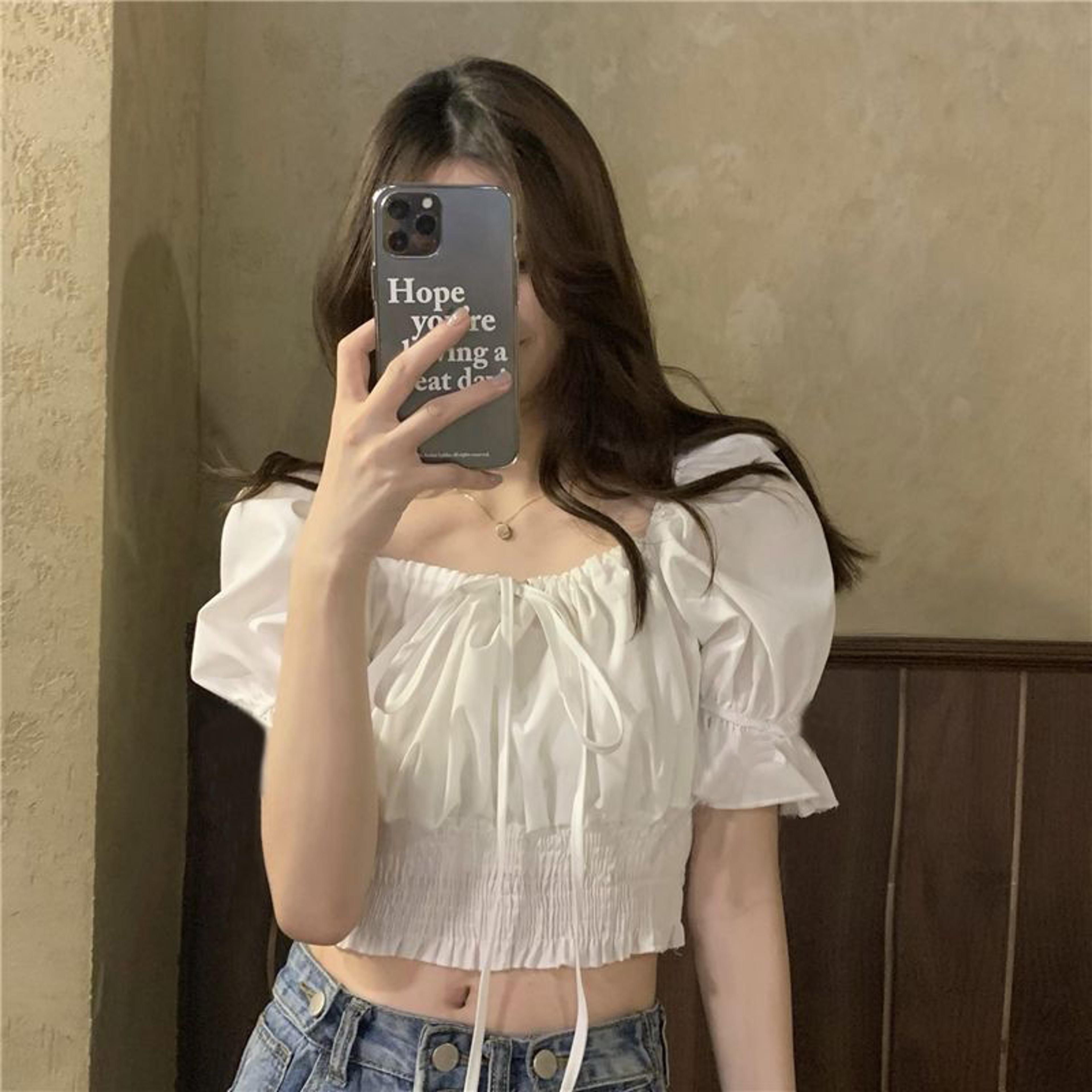 elegant off shoulder crop top with puff sleeves, lace up bow & shirred summer blouses
