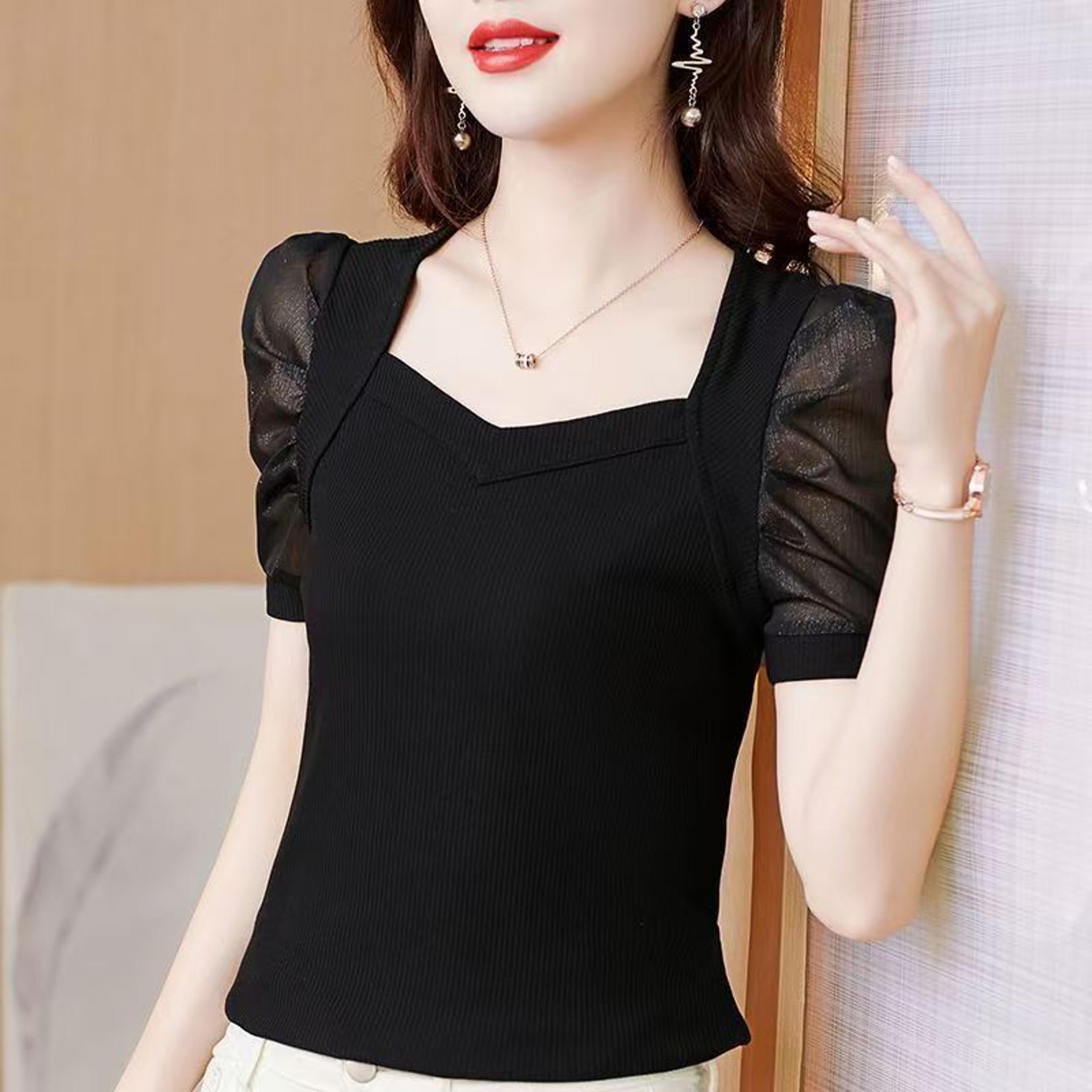 women's ribbed sweetheart neck puff sleeve slim fit top for casual office wear