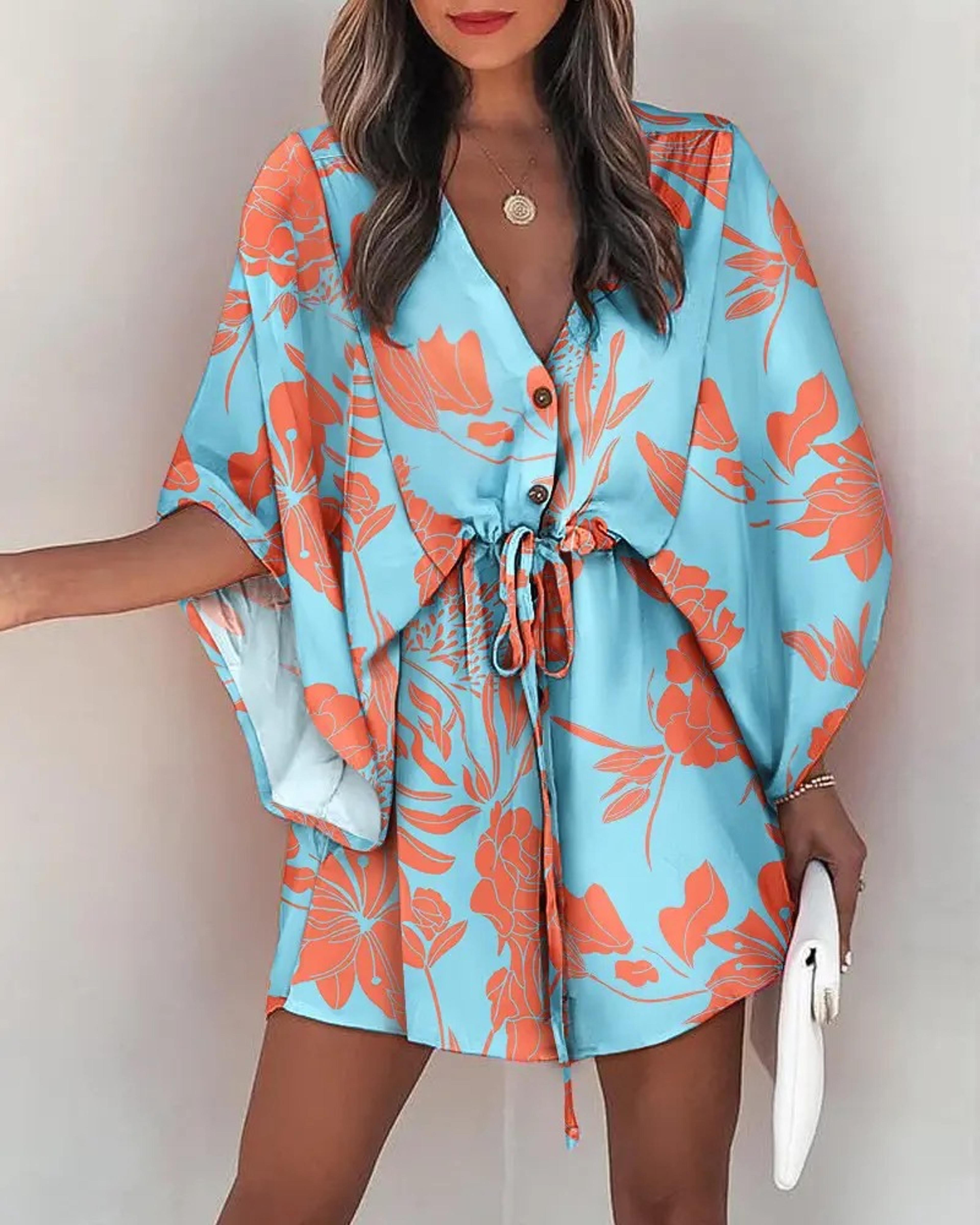 boho floral v neck women's summer dress with bat sleeves & ruffle hem