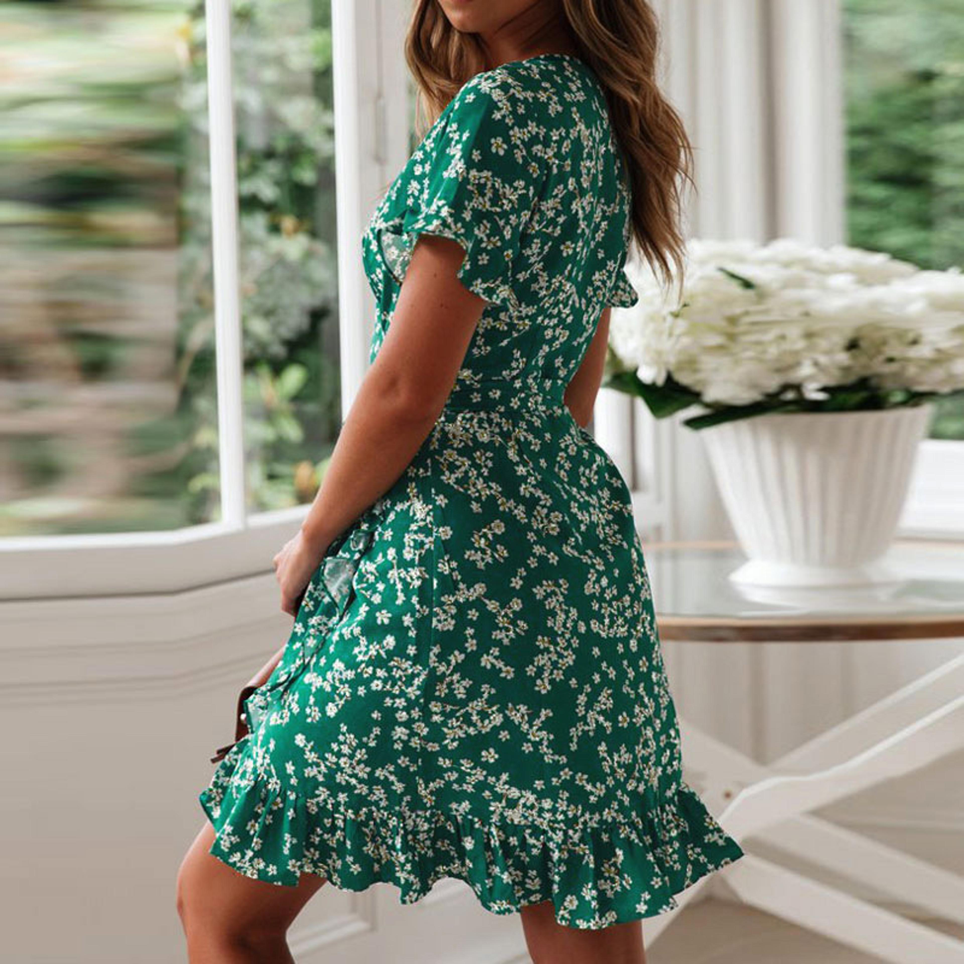 boho floral dress for women v neck summer mini chiffon beach sundress