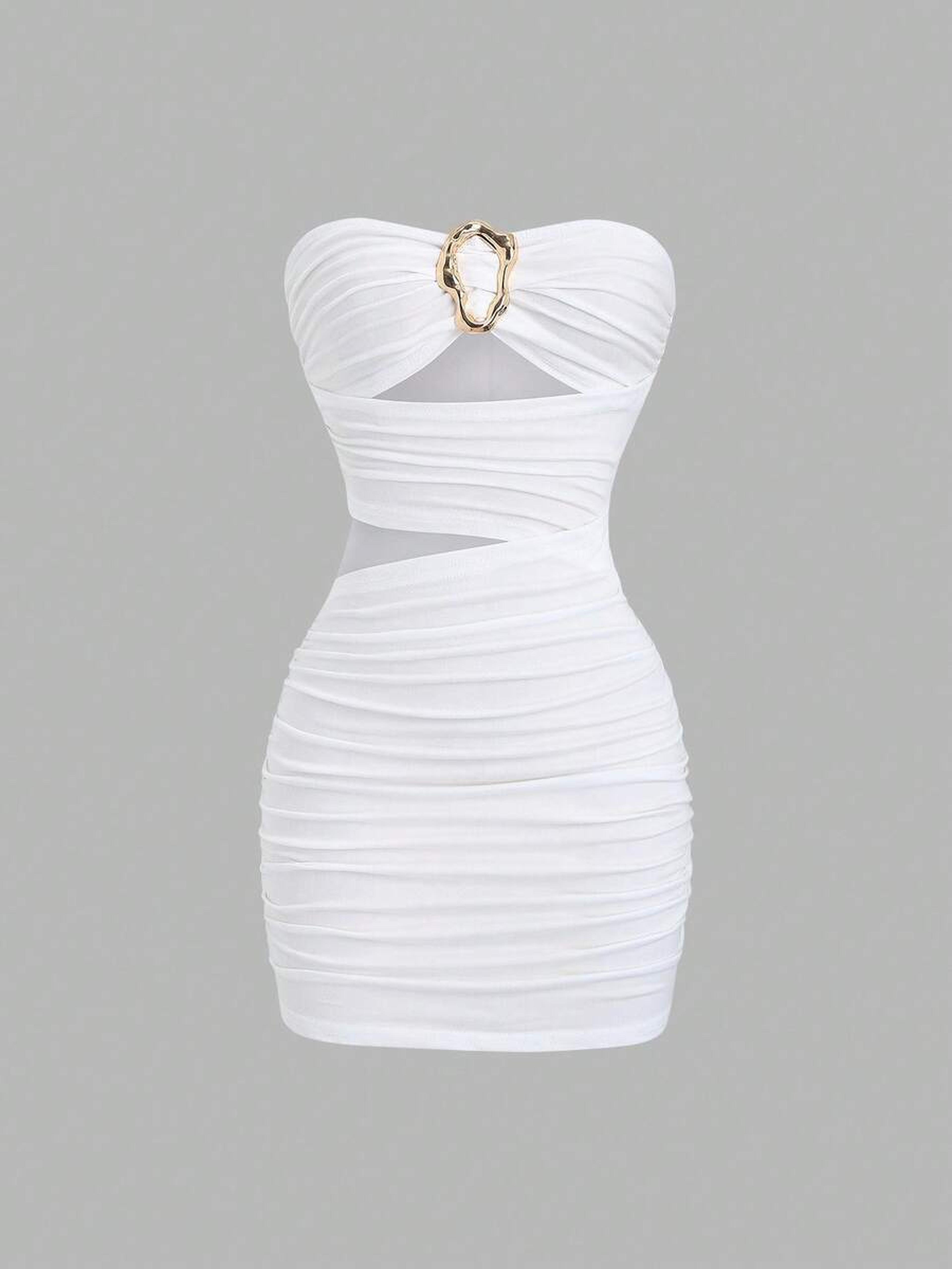 strapless mini bodycon bustier dress with metal buckle for party & night out