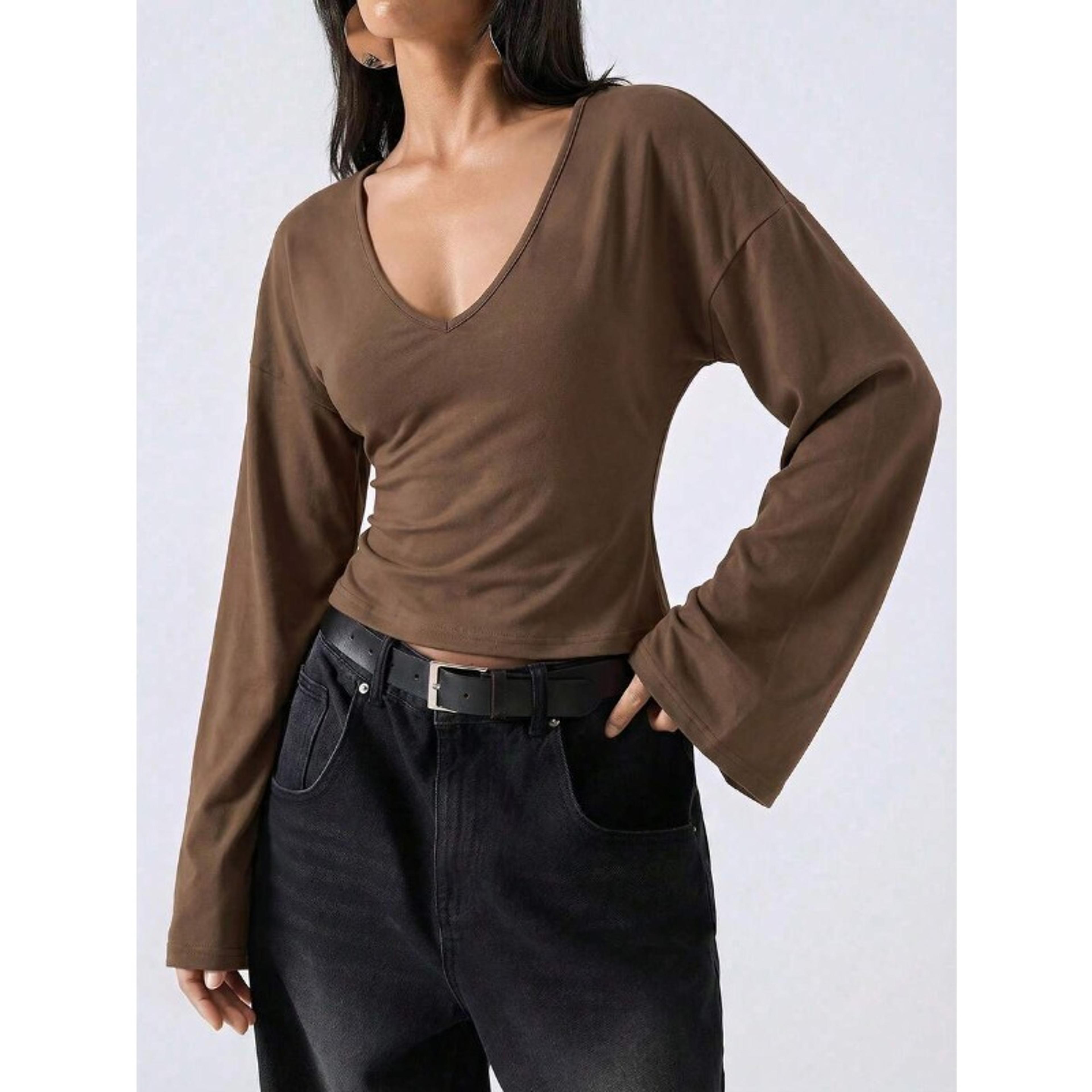 women's crop top v neck long sleeve slim fit streetwear blouse