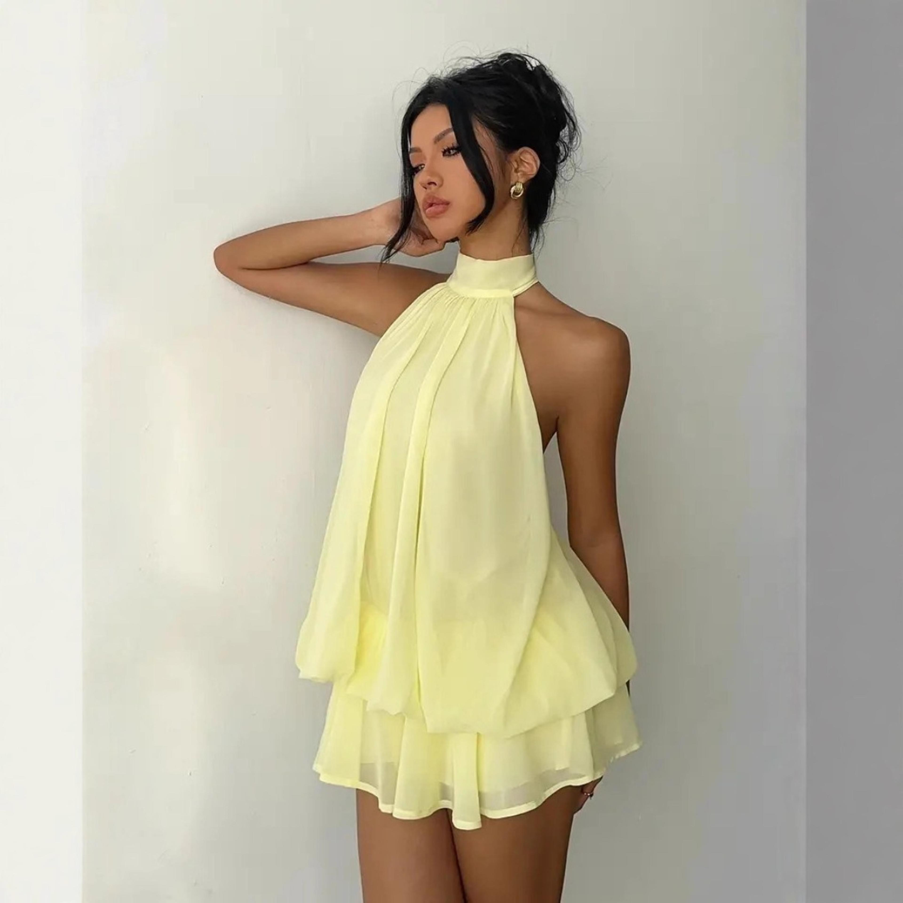 mini dress for women halter neck backless party dress with sheer chiffon skirt