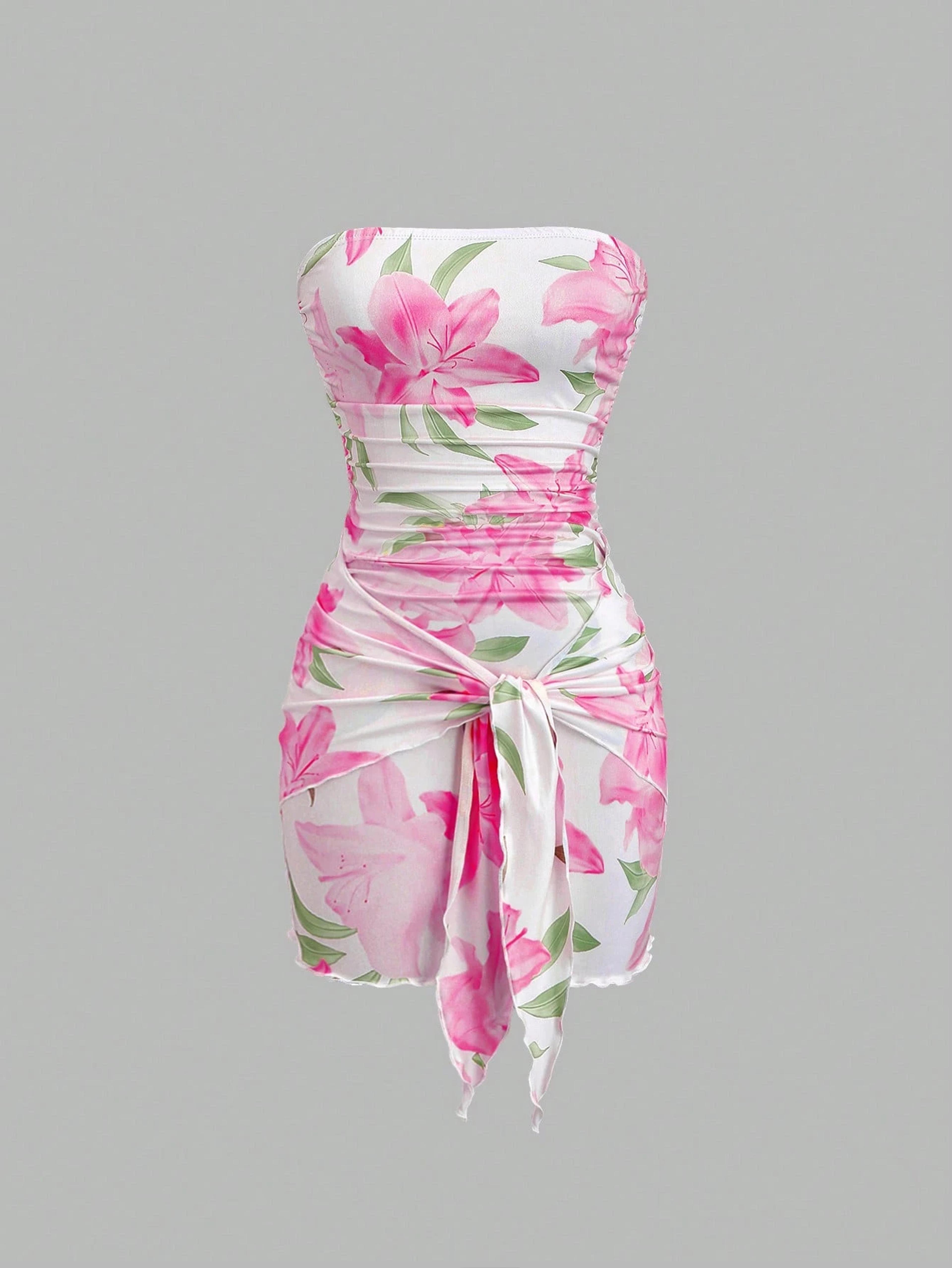 strapless floral dress for women with lily print, waist tie & bodycon mini fit