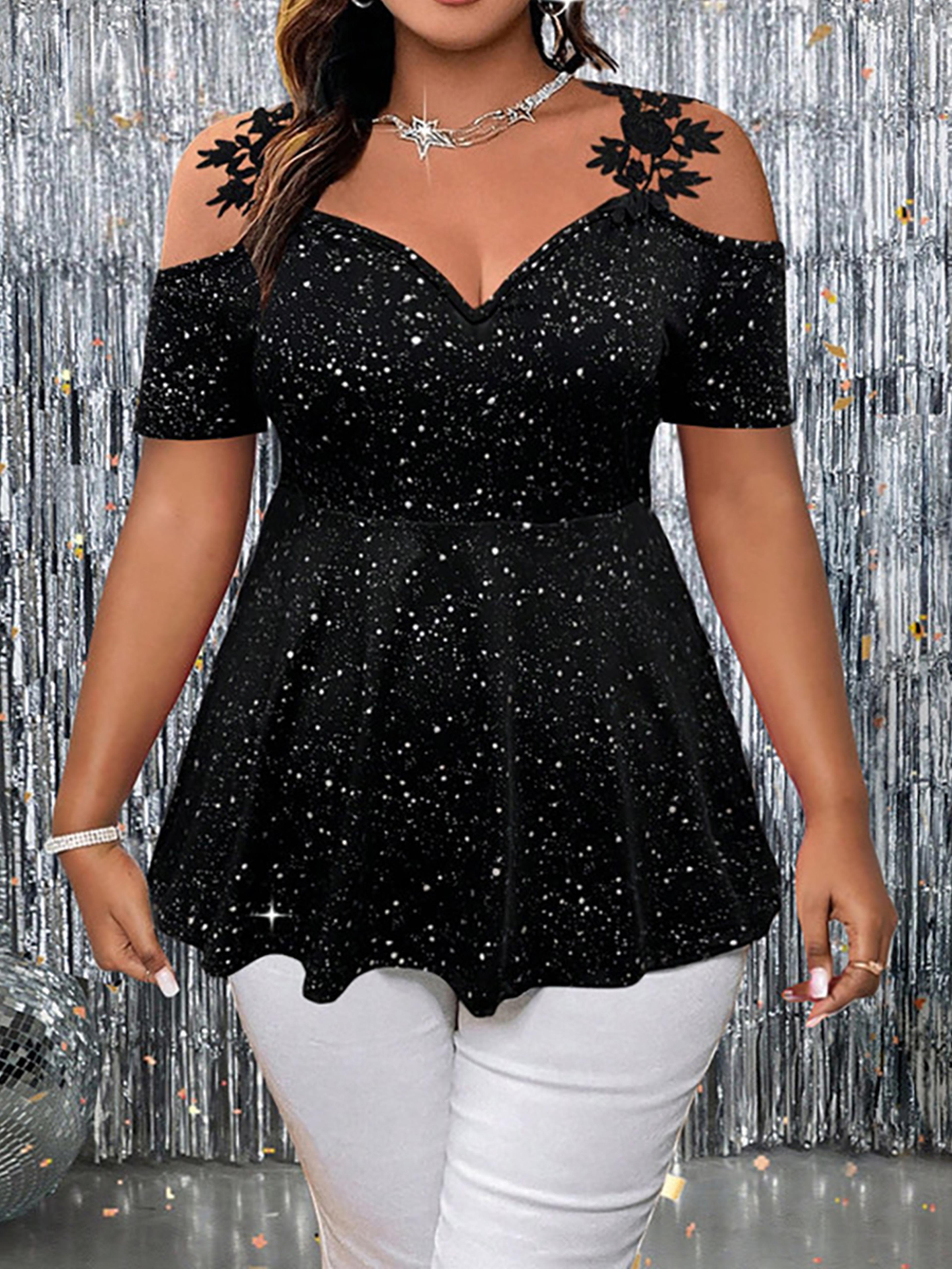 sparkle curve party top glitter peplum cold shoulder evening blouse