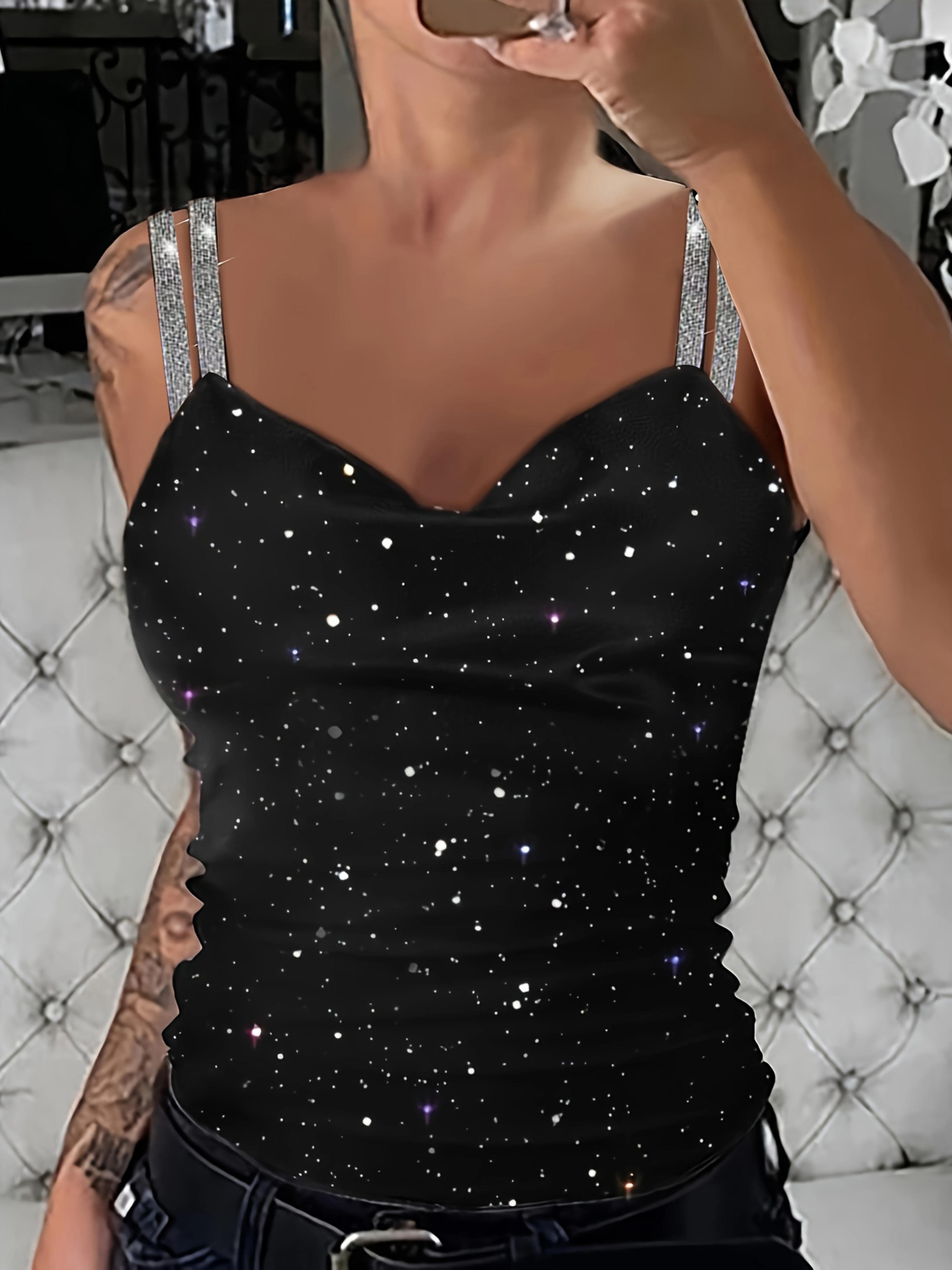 sparkly cami top with rhinestone straps for women black v neck glitter party tank