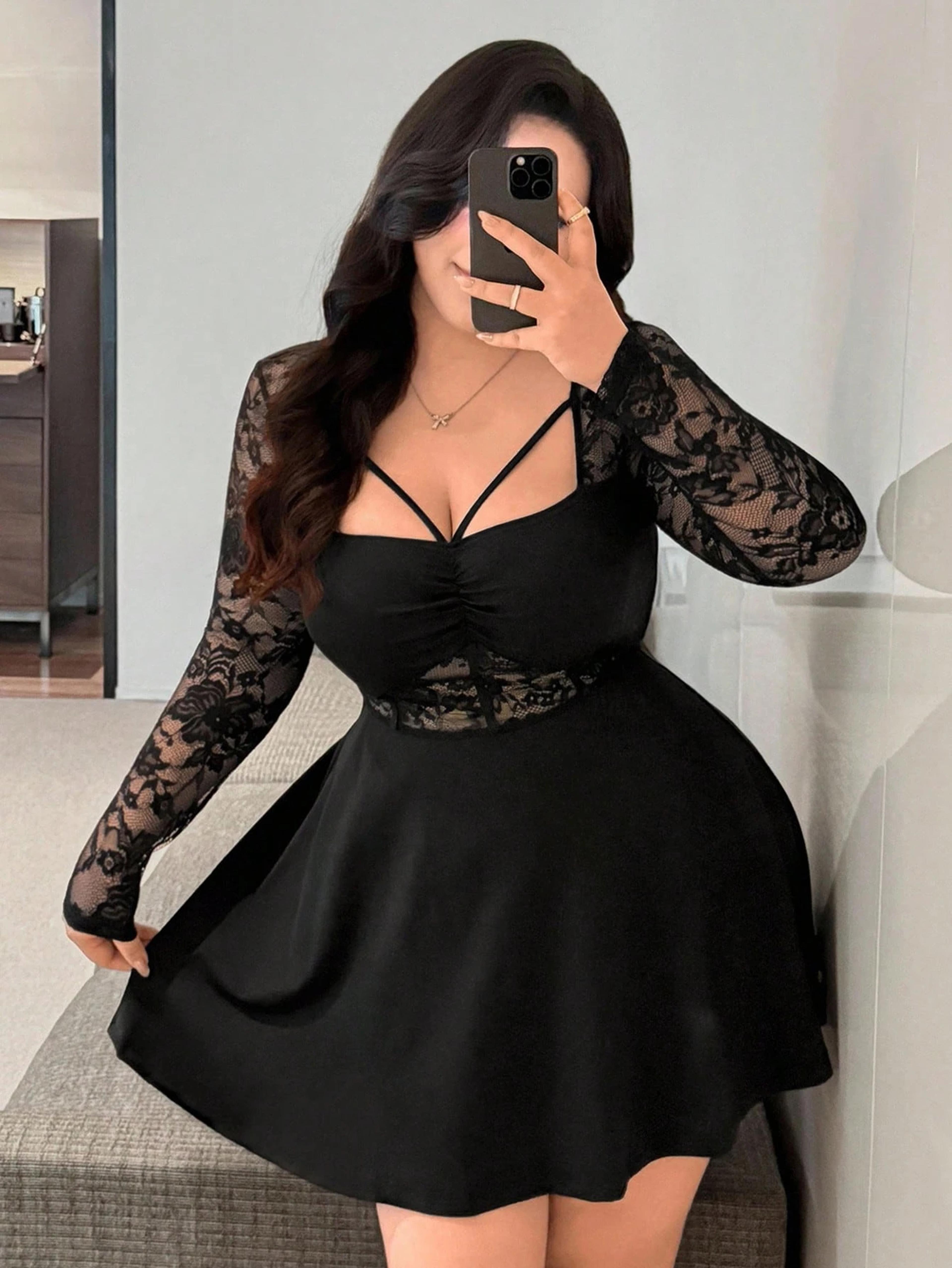 elegant plus size lace dress for women ruched mini dress with long sleeves