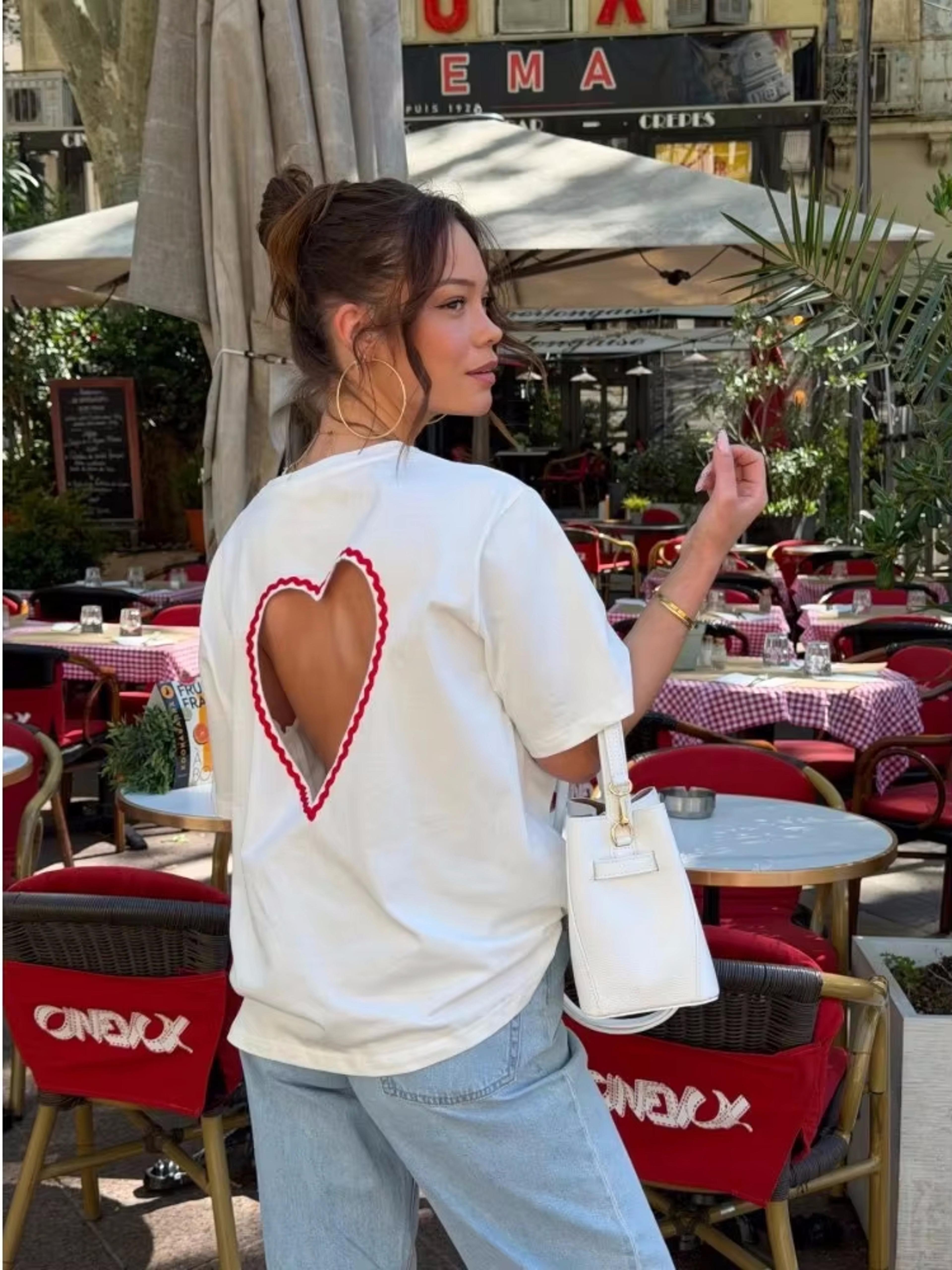 heart cutout backless summer top for women loose fit casual white streetwear tee
