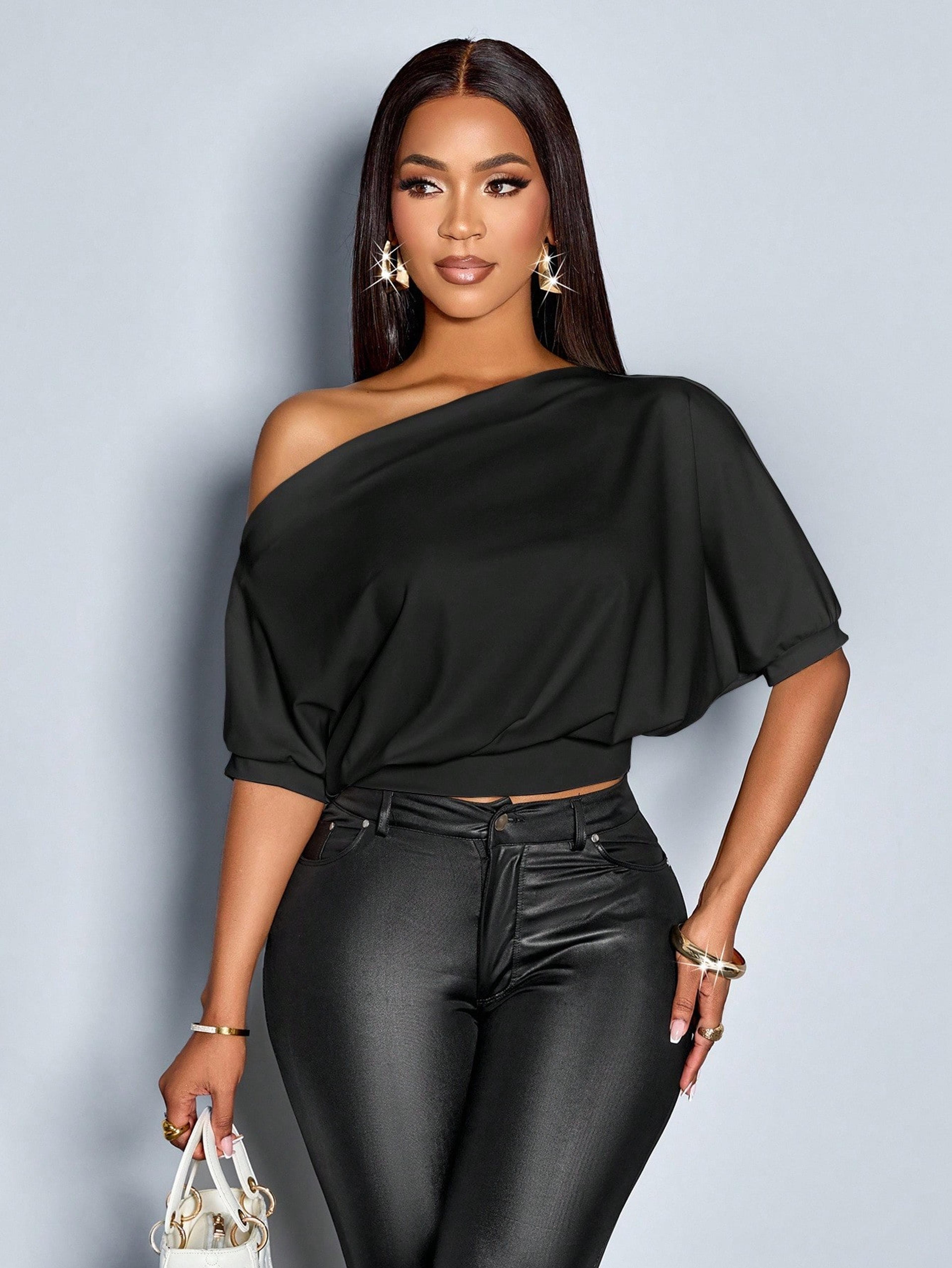 elegant asymmetrical top for women pleated shoulder off shoulder fitted summer t shirt