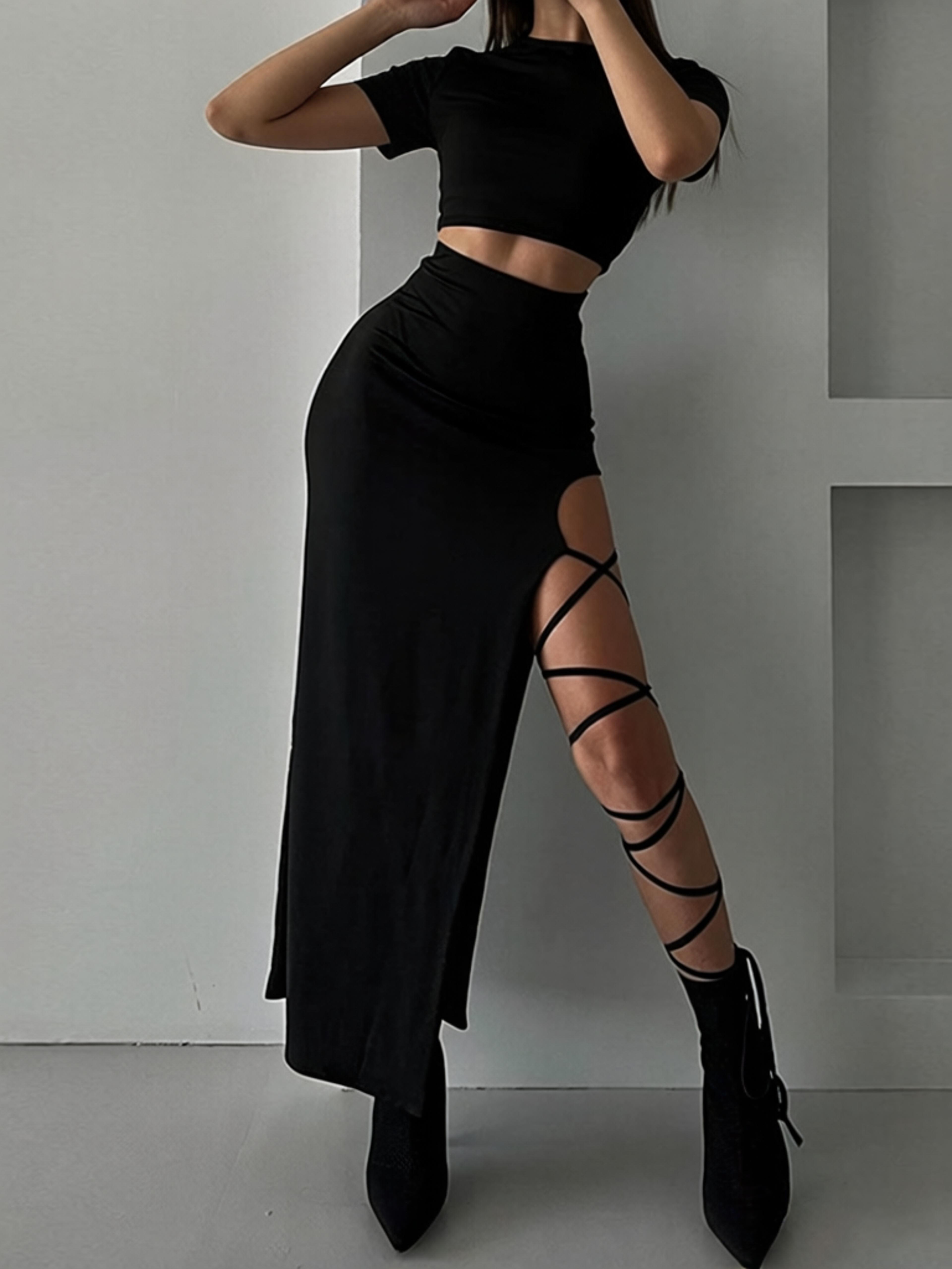 midnight muse bodycon skirt set women's outfit with crop top & side split skirt