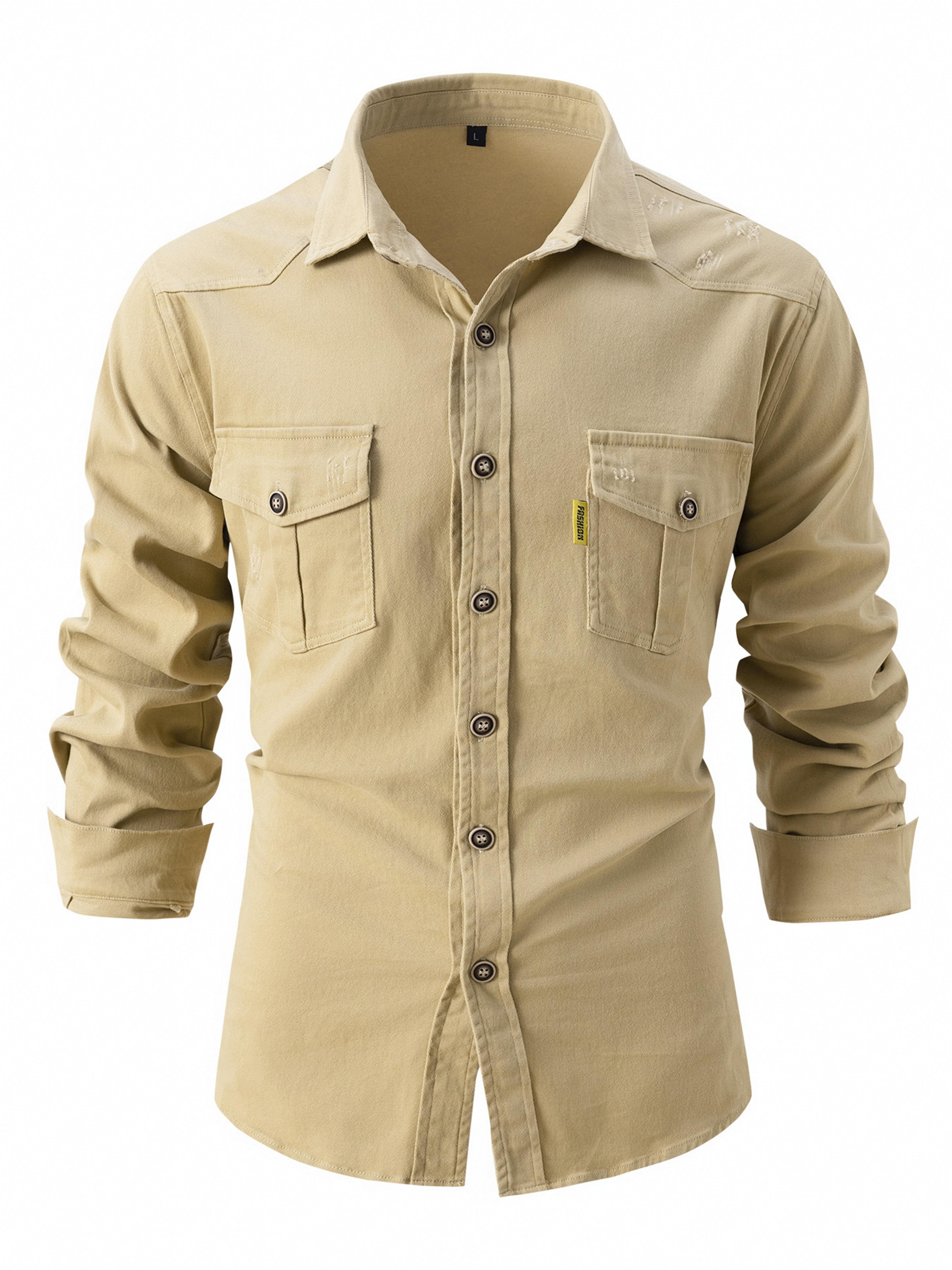 men's business casual shirt long sleeve utility button down with double pocket