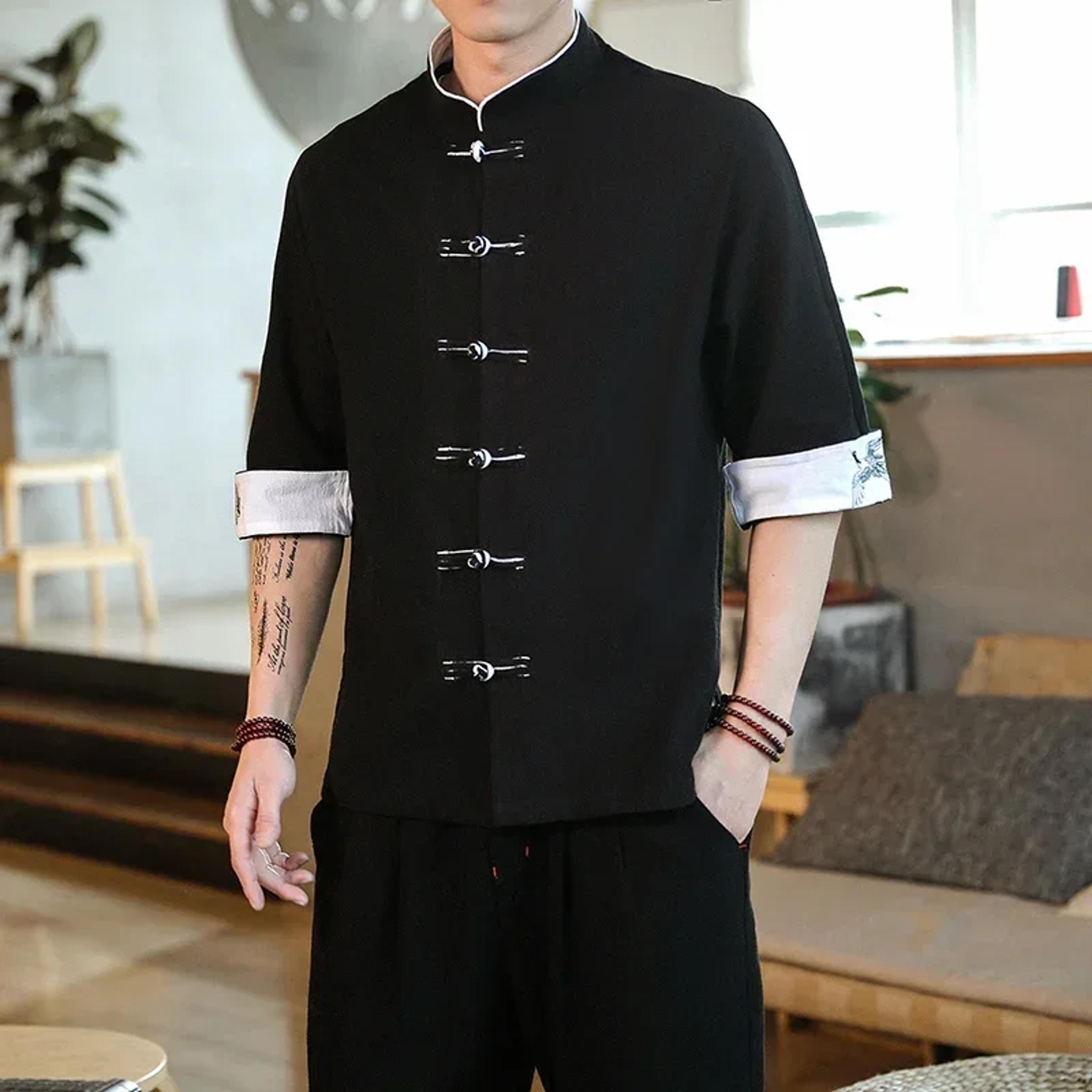 heritage chinese linen shirt with crane embroidery mandarin collar shirt for mens